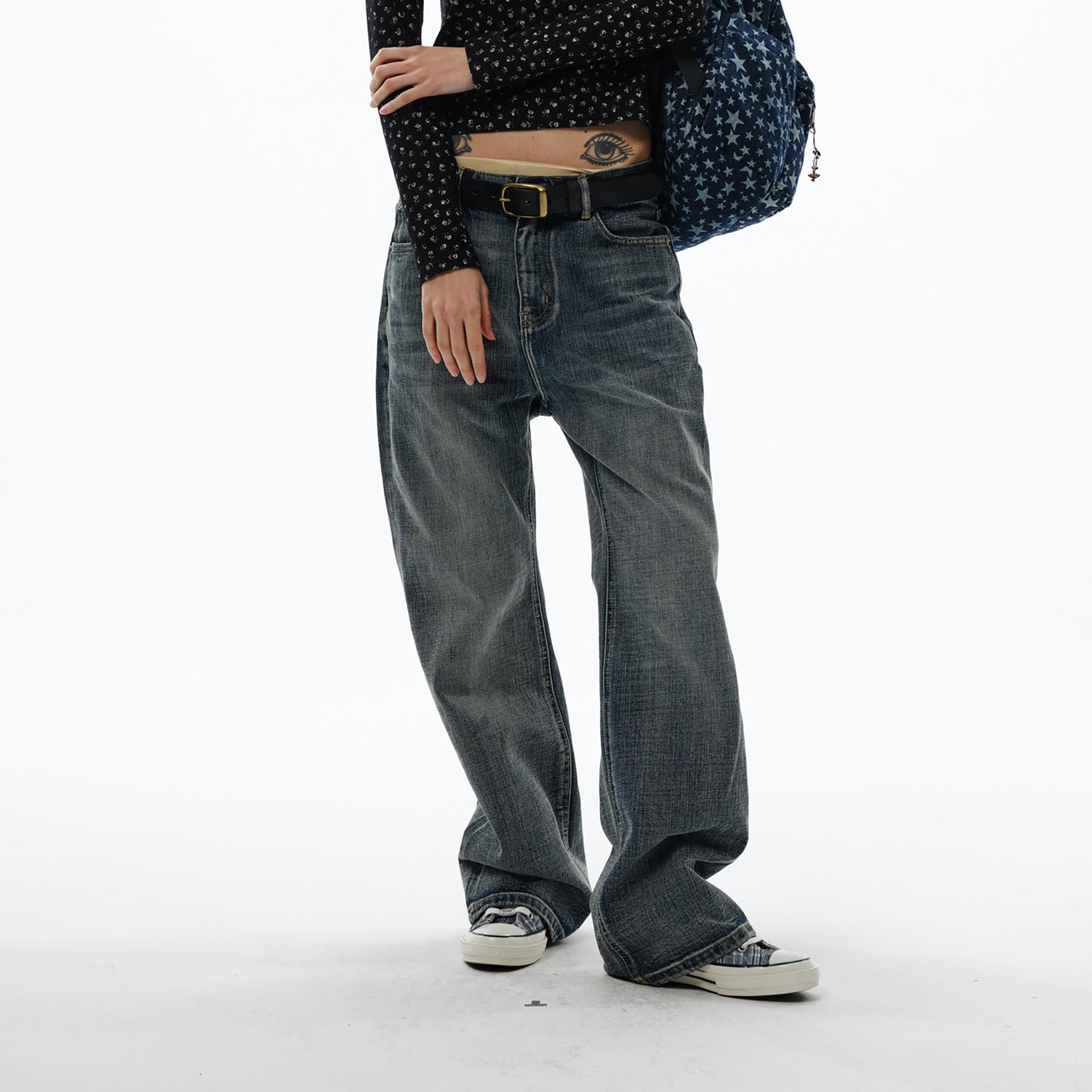 TRECLUB Retro Slub-Wash Straight-Leg Jeans, premium urban and streetwear designers apparel on PROJECTISR.com, TRECLUB
