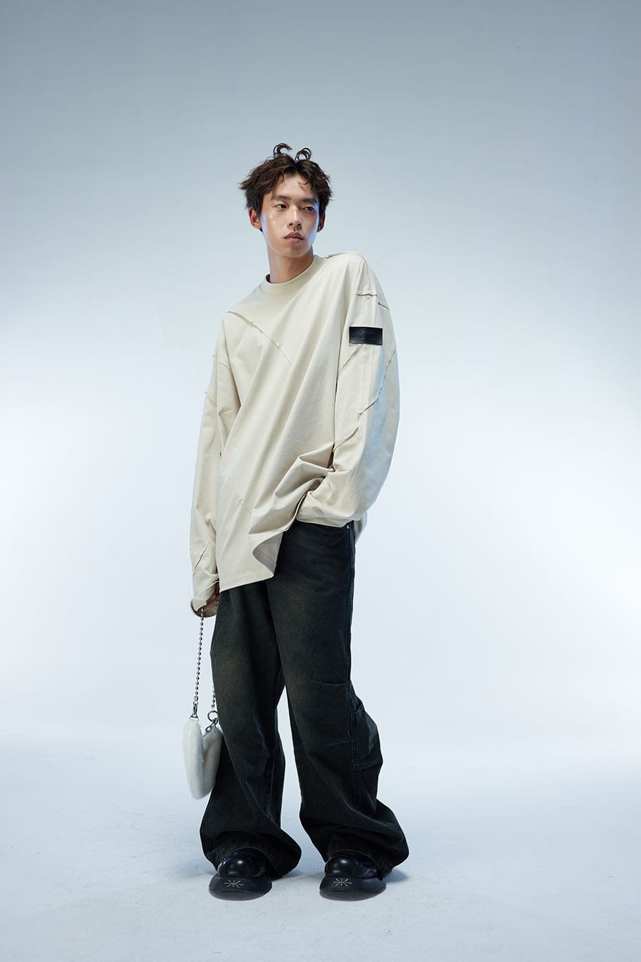 WHISTLEHUNTER Asymmetric Cut Logo Patched L/S Tee, premium urban and streetwear designers apparel on PROJECTISR.com, WHISTLEHUNTER