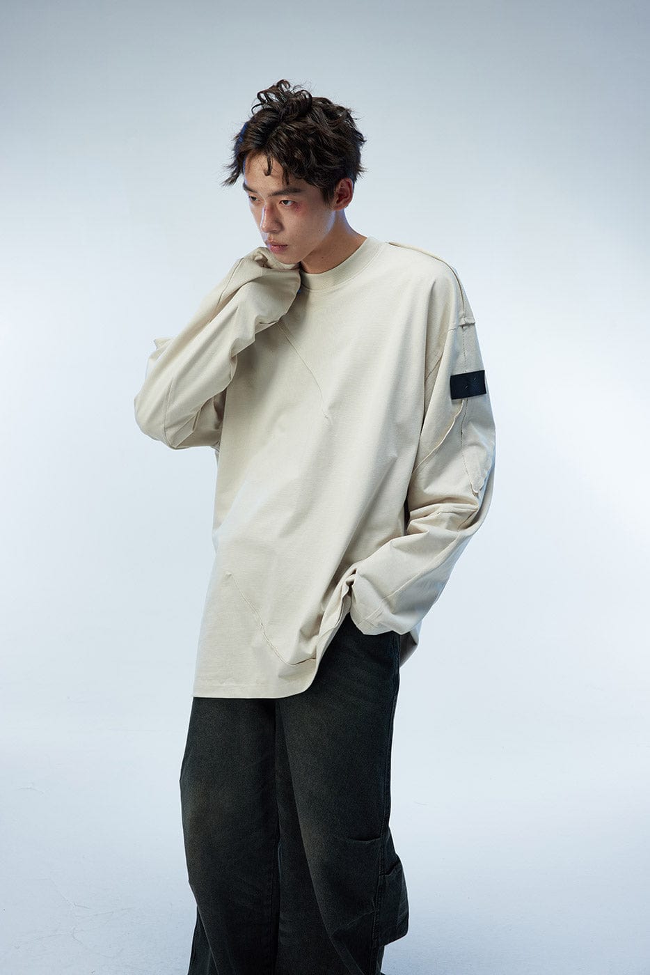 WHISTLEHUNTER Asymmetric Cut Logo Patched L/S Tee, premium urban and streetwear designers apparel on PROJECTISR.com, WHISTLEHUNTER