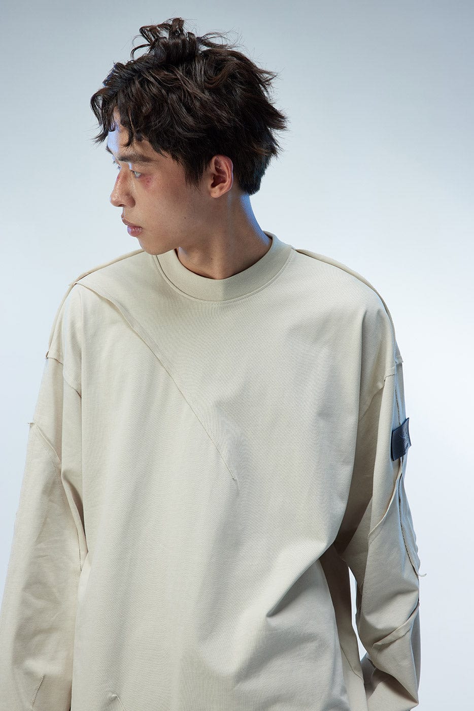 WHISTLEHUNTER Asymmetric Cut Logo Patched L/S Tee, premium urban and streetwear designers apparel on PROJECTISR.com, WHISTLEHUNTER