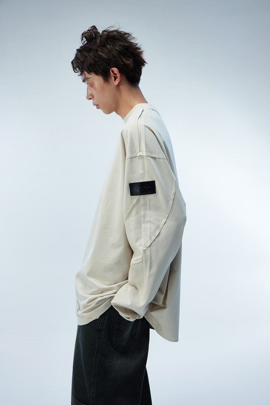 WHISTLEHUNTER Asymmetric Cut Logo Patched L/S Tee, premium urban and streetwear designers apparel on PROJECTISR.com, WHISTLEHUNTER