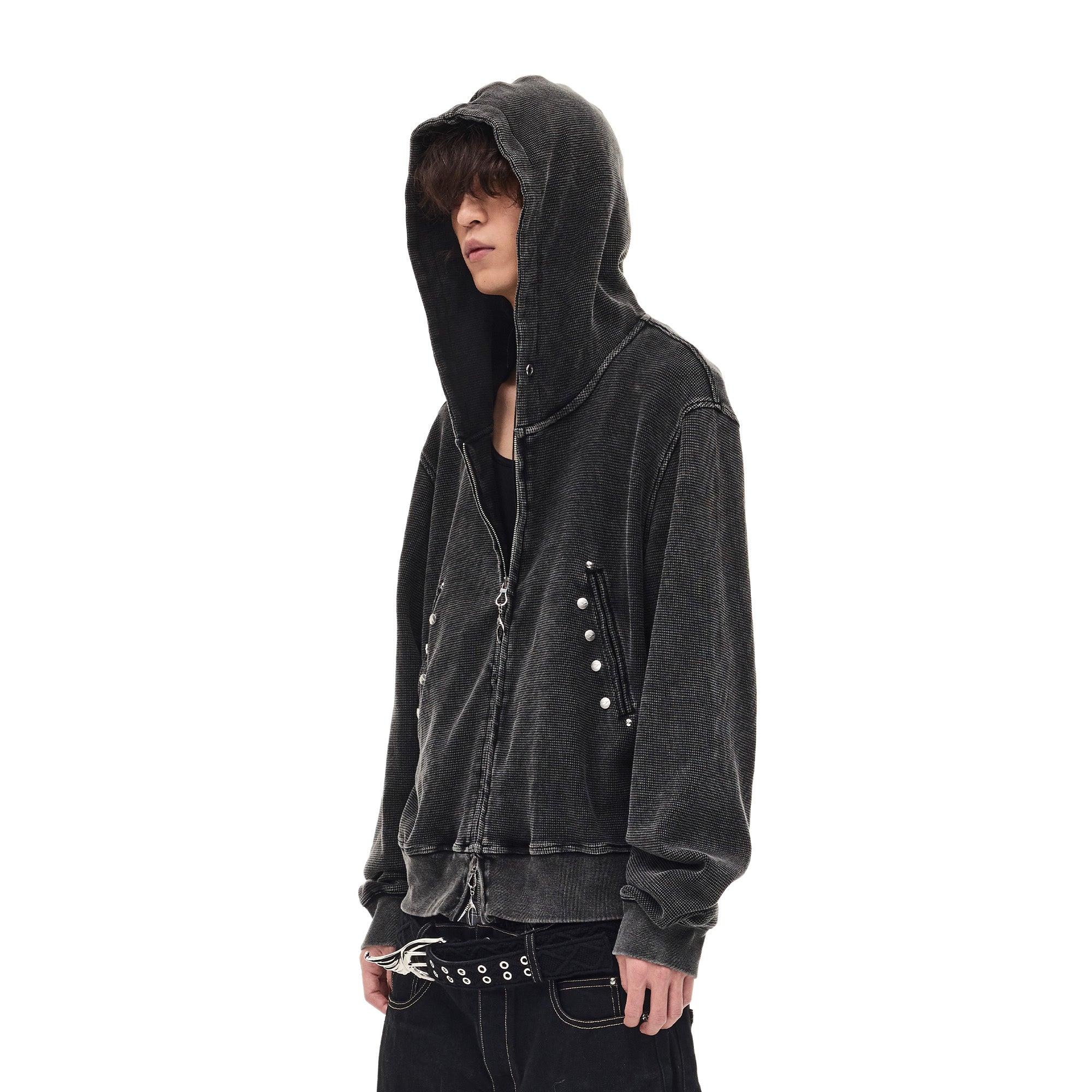 WHISTLEHUNTER Washed Waffle Studded Zip-Up Hoodie, premium urban and streetwear designers apparel on PROJECTISR.com, WHISTLEHUNTER