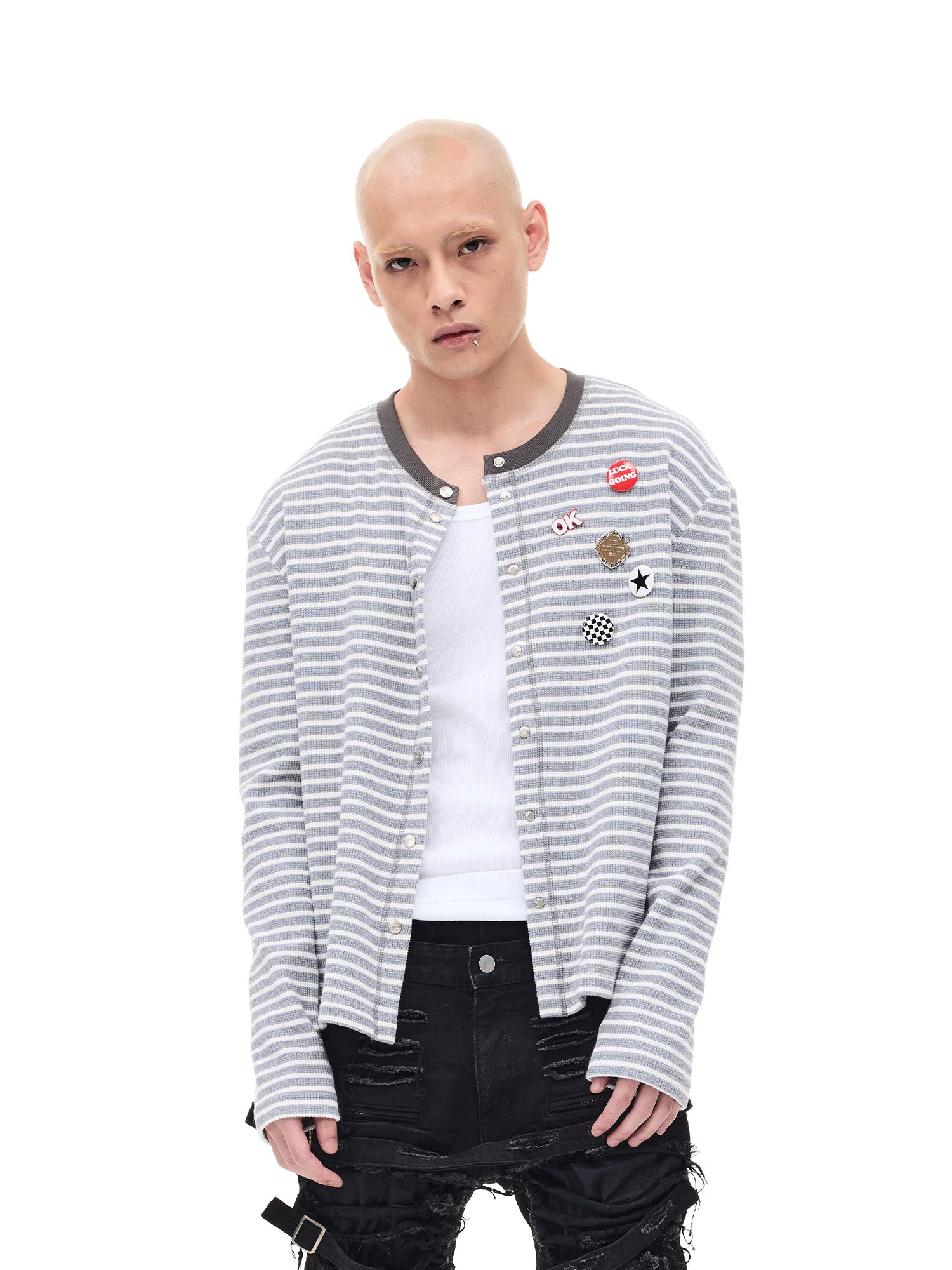 WHISTLEHUNTER Striped Badge Snap Slim Cardigan, premium urban and streetwear designers apparel on PROJECTISR.com, WHISTLEHUNTER