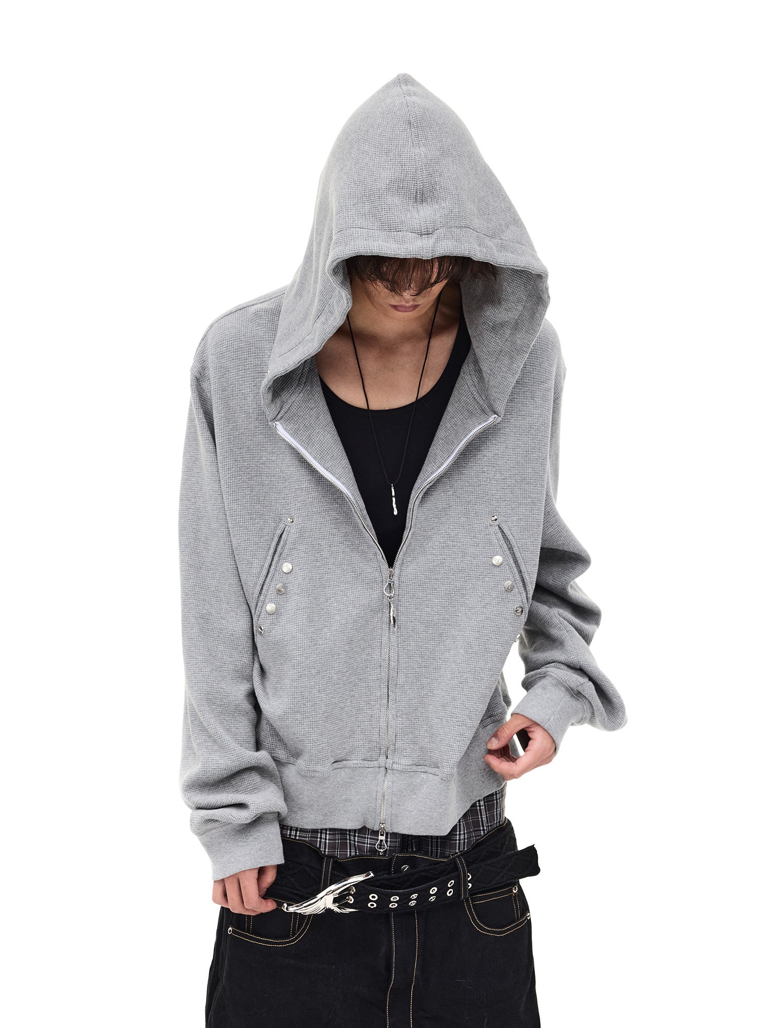 WHISTLEHUNTER Washed Waffle Studded Zip-Up Hoodie, premium urban and streetwear designers apparel on PROJECTISR.com, WHISTLEHUNTER