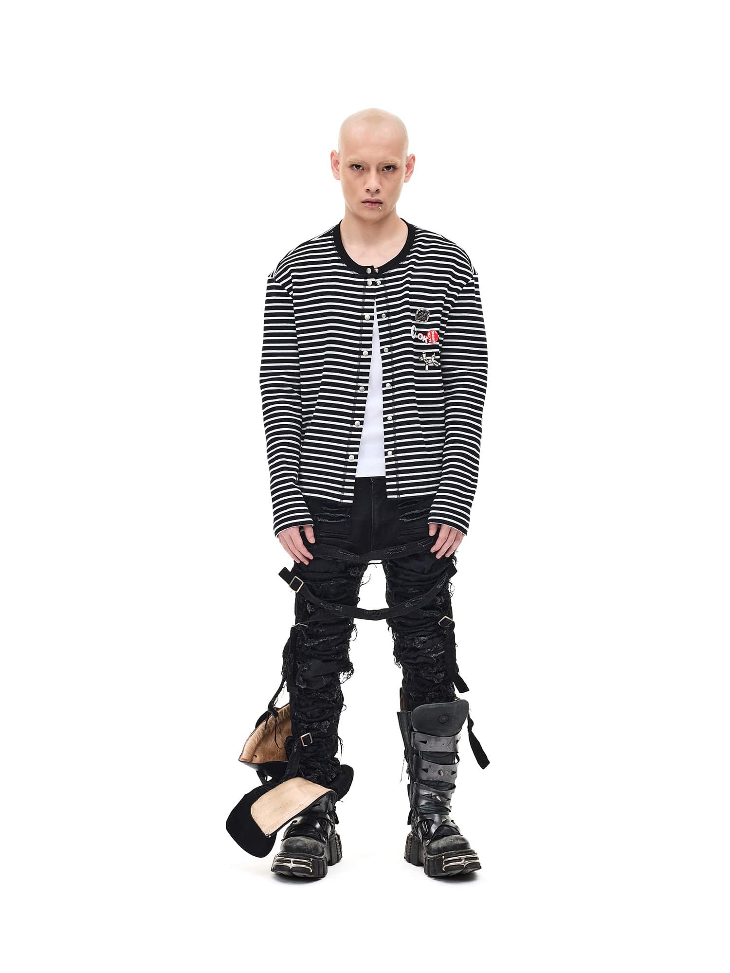 WHISTLEHUNTER Striped Badge Snap Slim Cardigan, premium urban and streetwear designers apparel on PROJECTISR.com, WHISTLEHUNTER