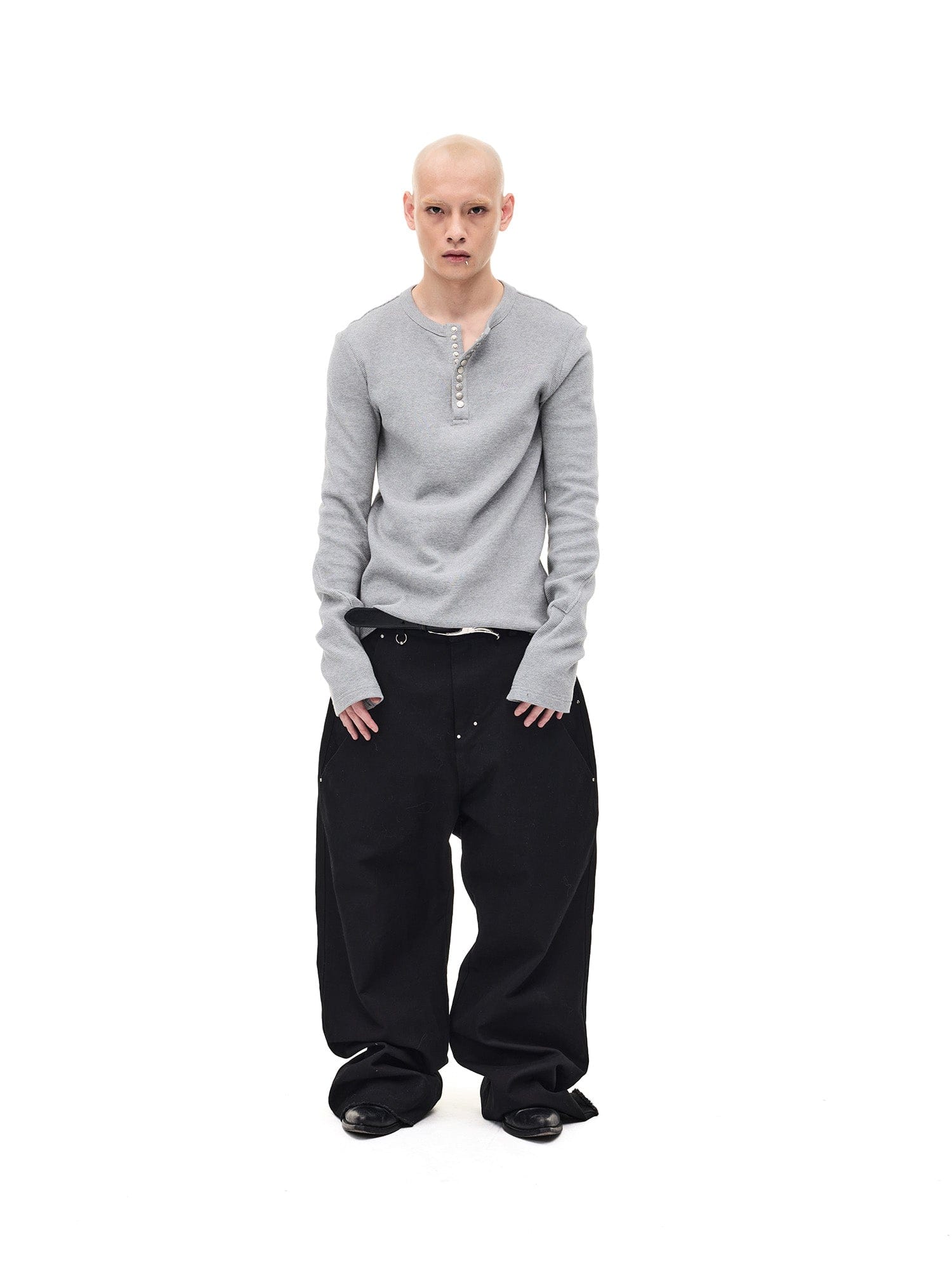 WHISTLEHUNTER Waffle-Knit Snap Henley Long-Sleeve Tee, premium urban and streetwear designers apparel on PROJECTISR.com, WHISTLEHUNTER