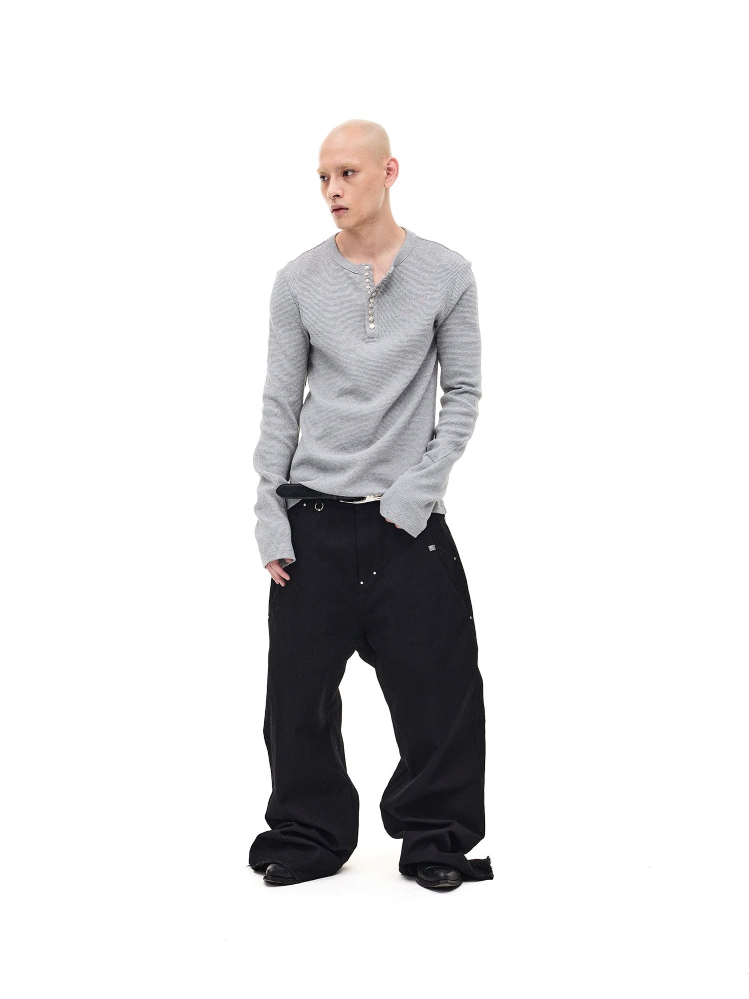 WHISTLEHUNTER Waffle-Knit Snap Henley Long-Sleeve Tee, premium urban and streetwear designers apparel on PROJECTISR.com, WHISTLEHUNTER