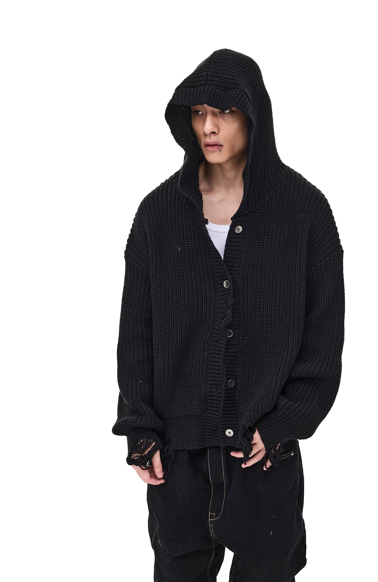 WHISTLEHUNTER Distressed Knit Hooded Cardigan