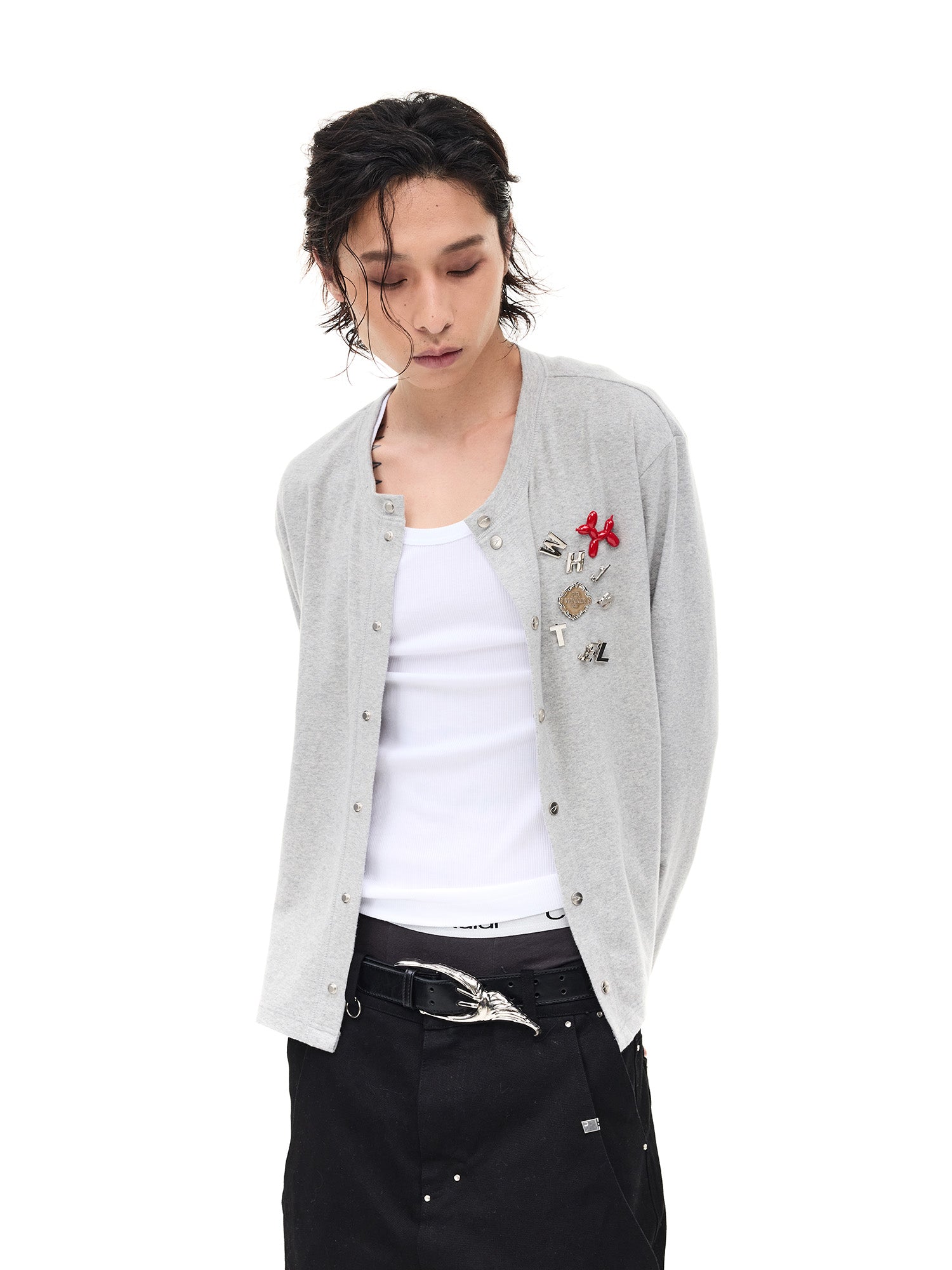 WHISTLEHUNTER Monogram Pin Wool-Blend Snap Cardigan, premium urban and streetwear designers apparel on PROJECTISR.com, WHISTLEHUNTER