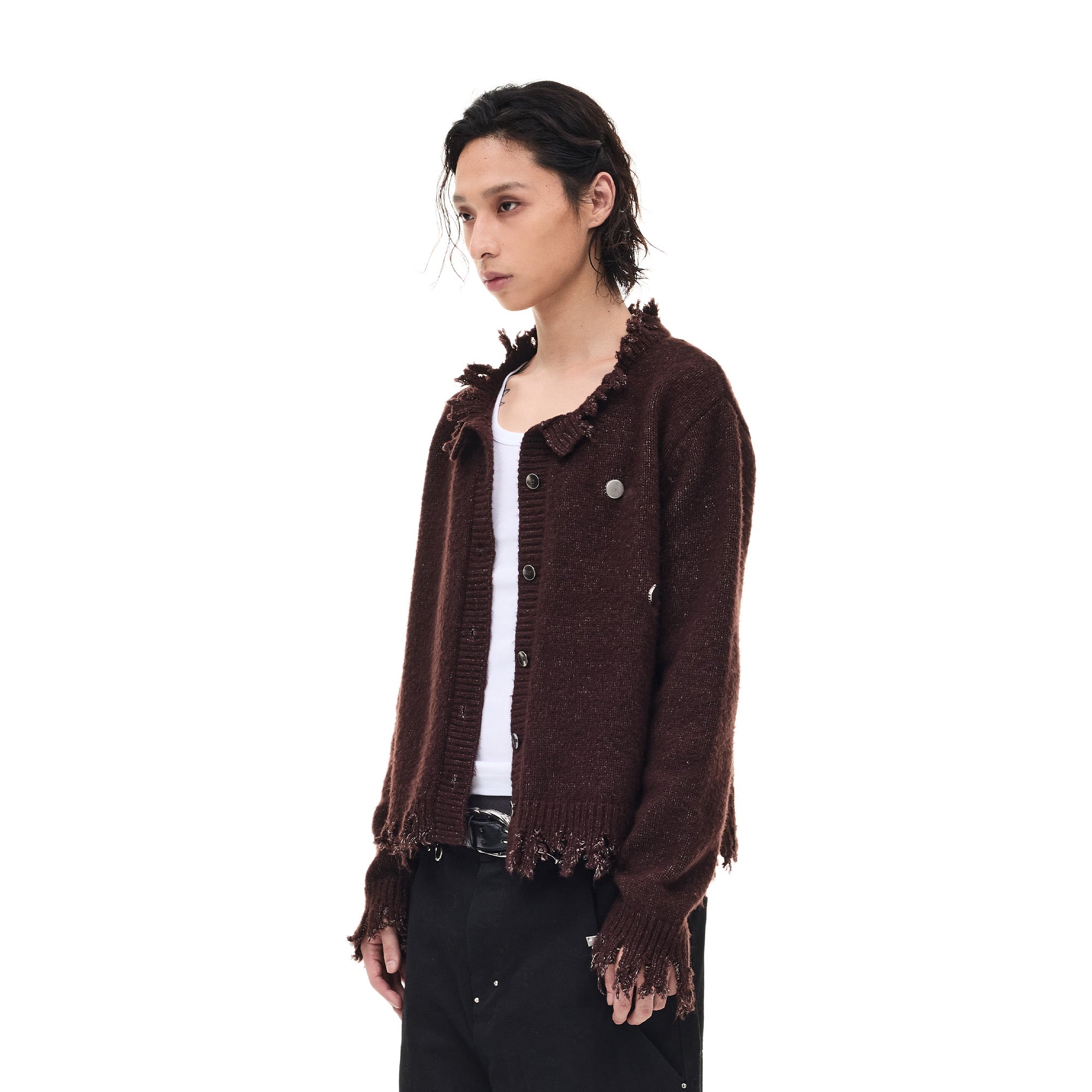 WHISTLEHUNTER Distressed Frayed-Edge Badge Cardigan, premium urban and streetwear designers apparel on PROJECTISR.com, WHISTLEHUNTER