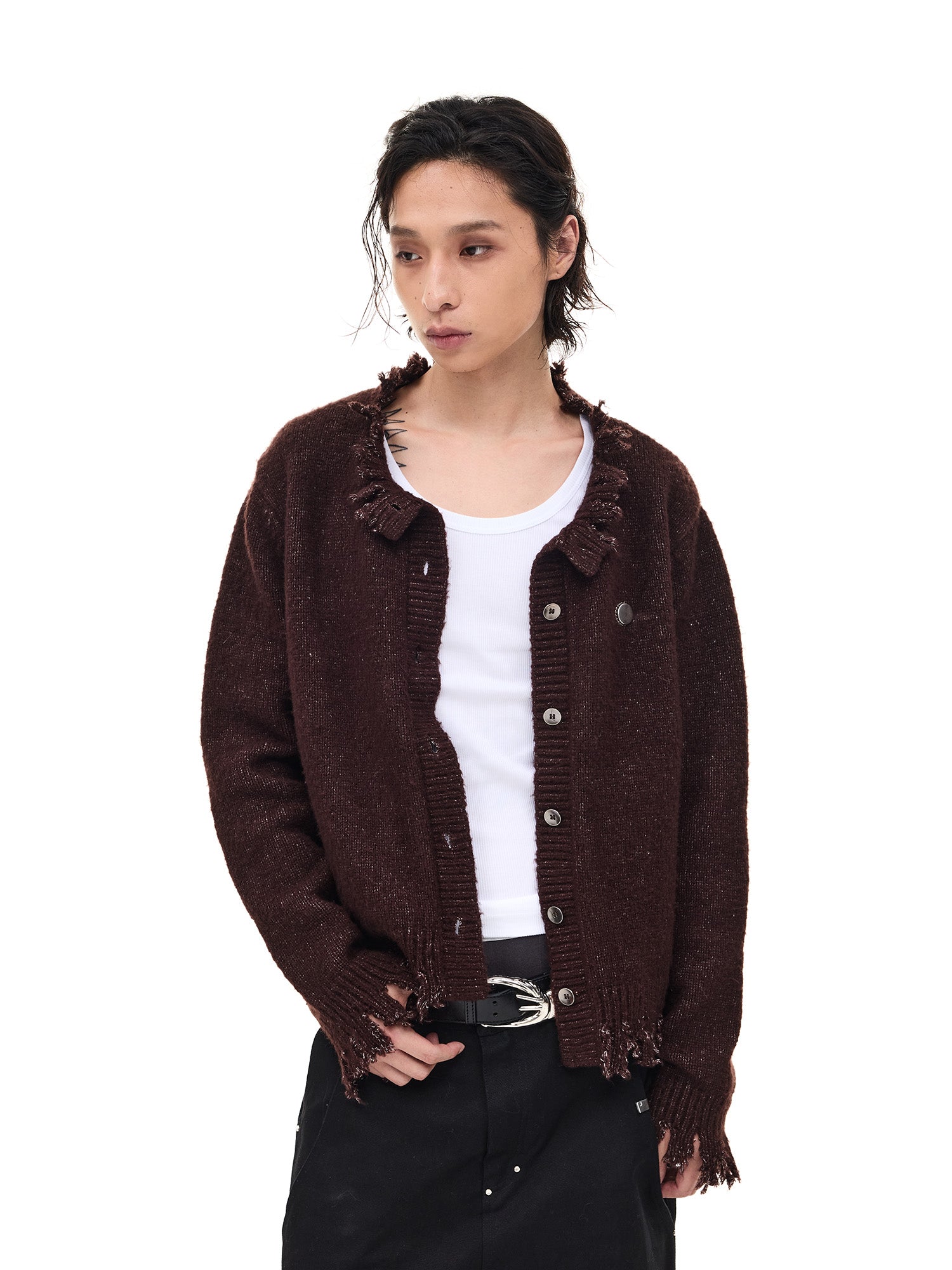 WHISTLEHUNTER Distressed Frayed-Edge Badge Cardigan, premium urban and streetwear designers apparel on PROJECTISR.com, WHISTLEHUNTER