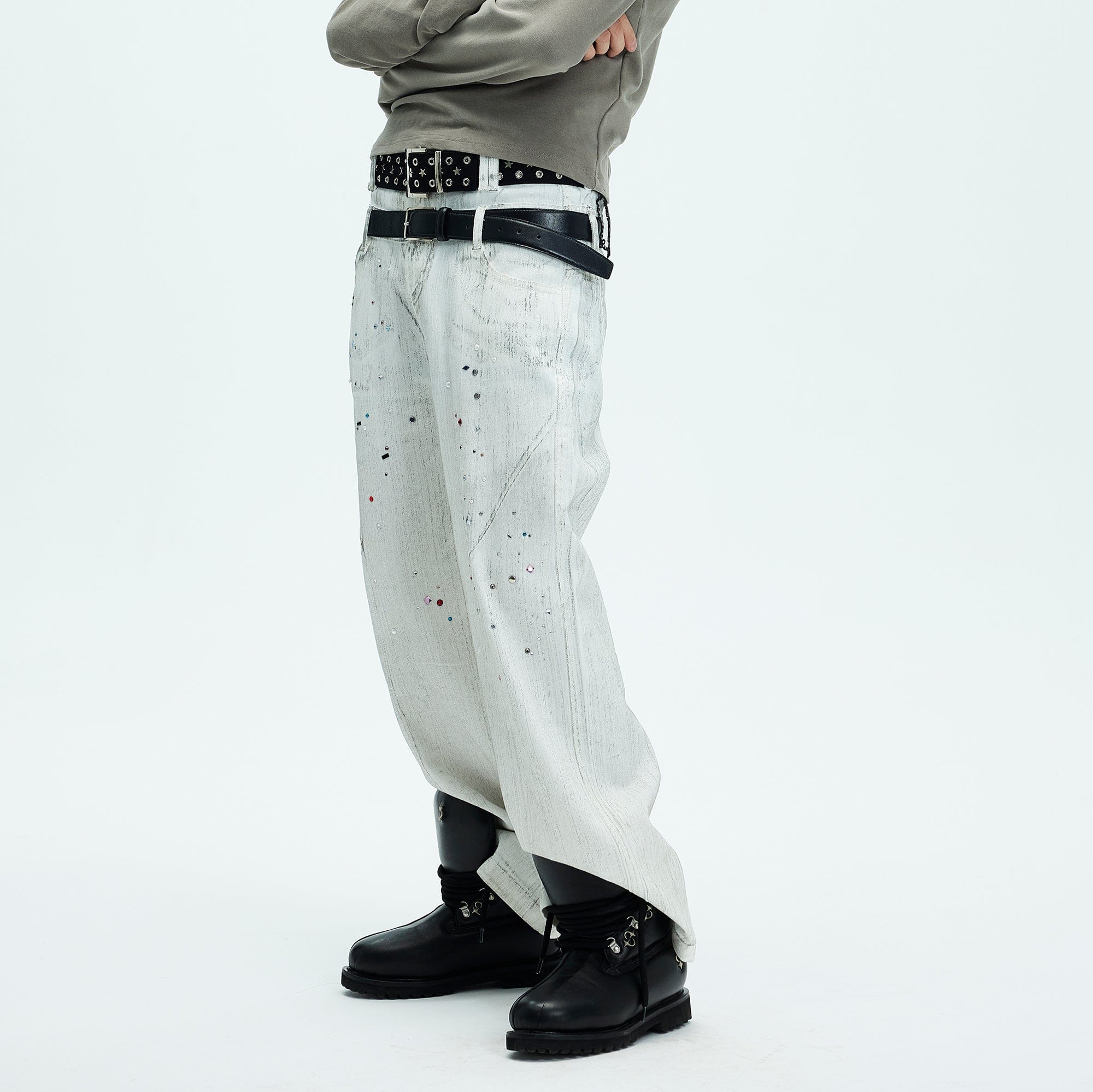 WHISTLEHUNTER Spliced Gems Painted Jeans White, premium urban and streetwear designers apparel on PROJECTISR.com, WHISTLEHUNTER