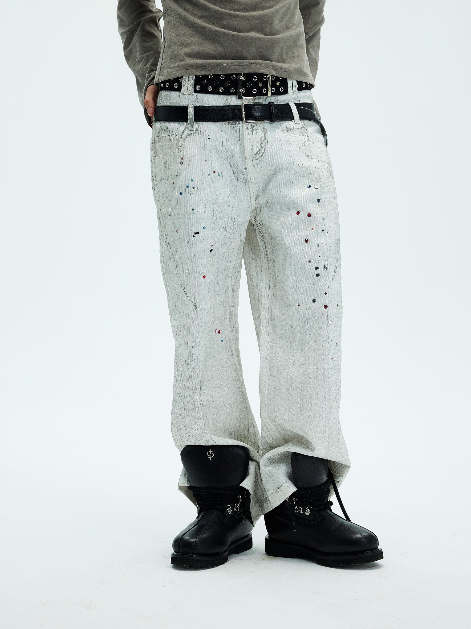 WHISTLEHUNTER Spliced Gems Painted Jeans White, premium urban and streetwear designers apparel on PROJECTISR.com, WHISTLEHUNTER