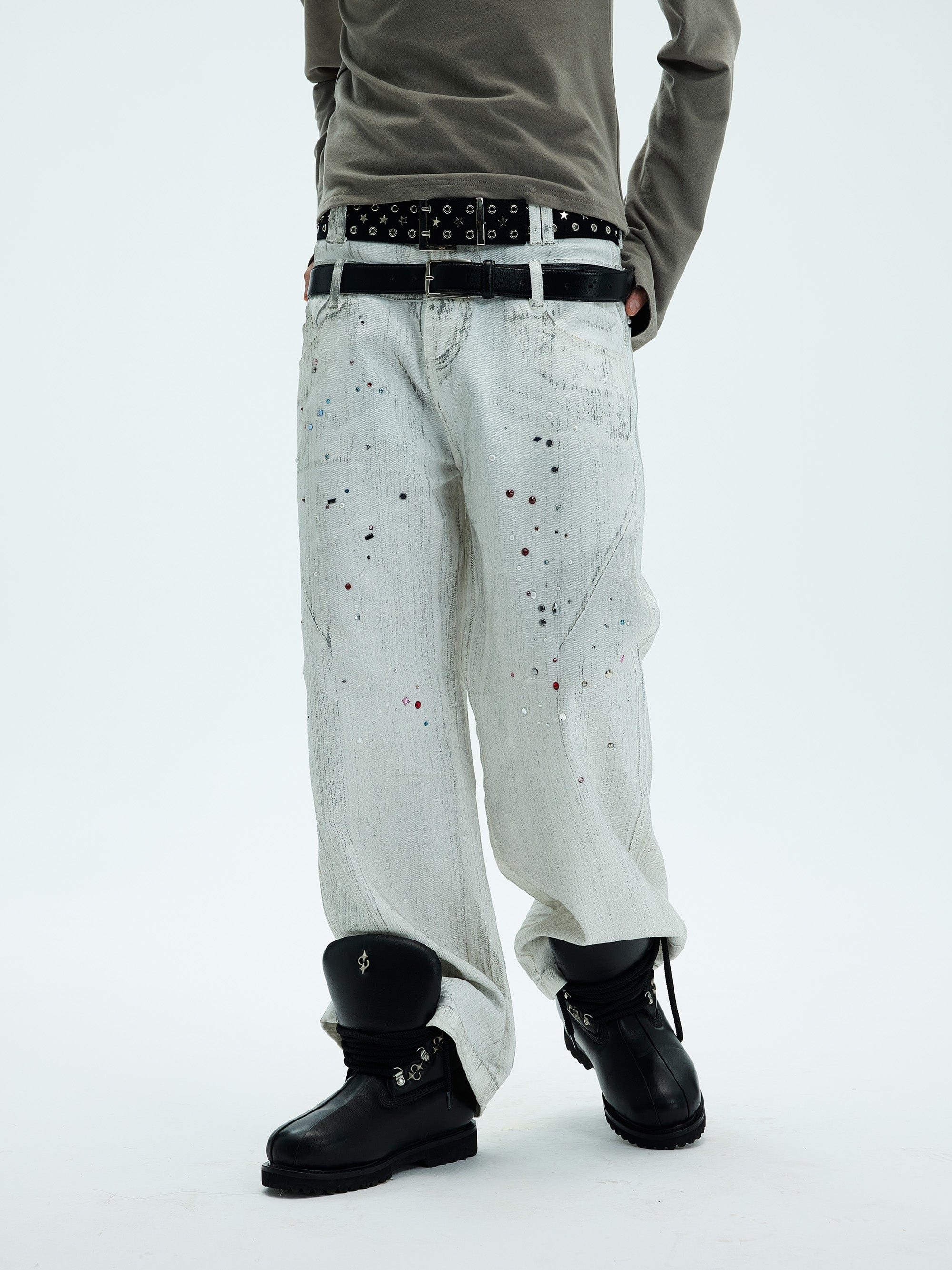 WHISTLEHUNTER Spliced Gems Painted Jeans White, premium urban and streetwear designers apparel on PROJECTISR.com, WHISTLEHUNTER