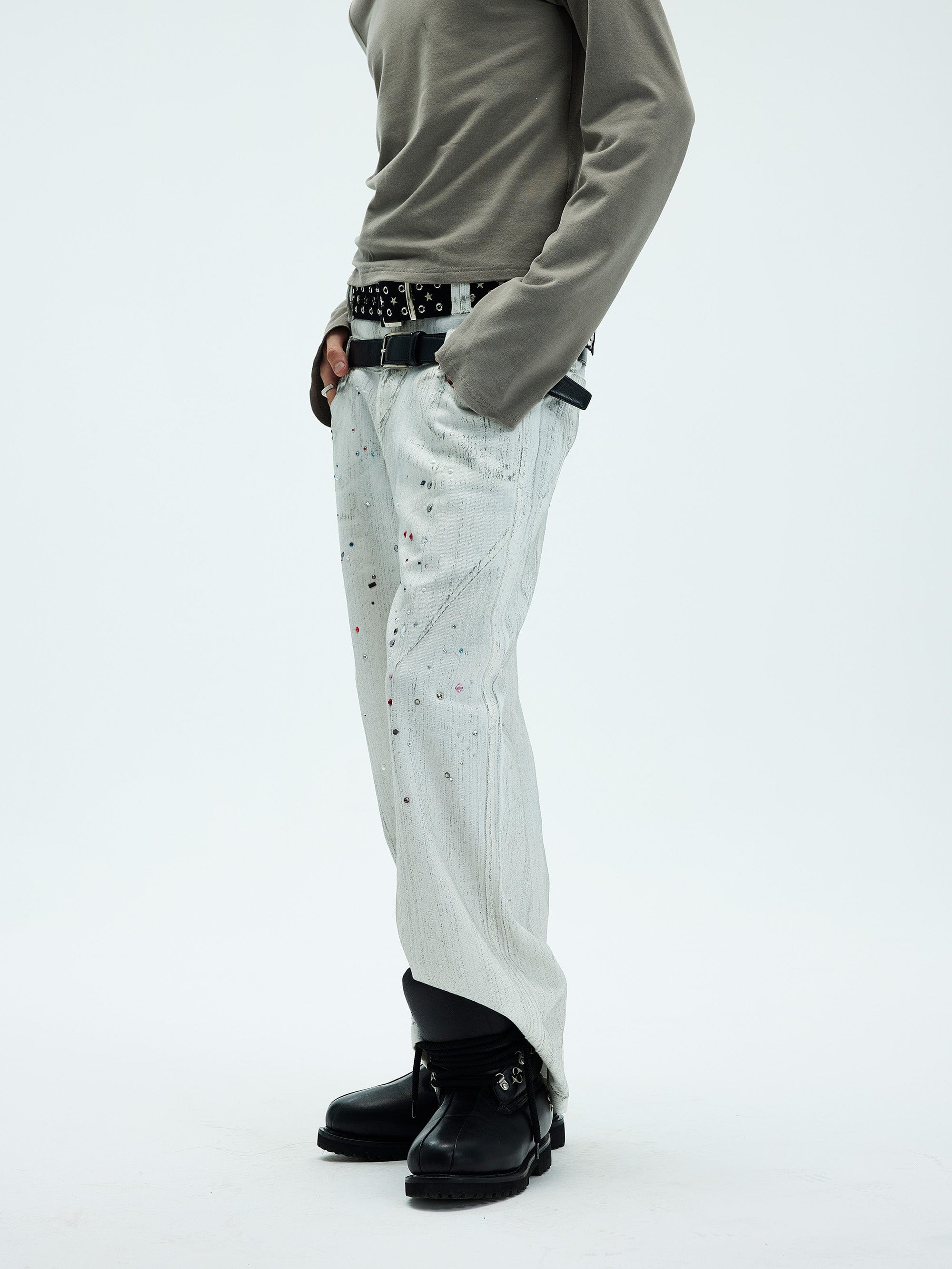 WHISTLEHUNTER Spliced Gems Painted Jeans White, premium urban and streetwear designers apparel on PROJECTISR.com, WHISTLEHUNTER