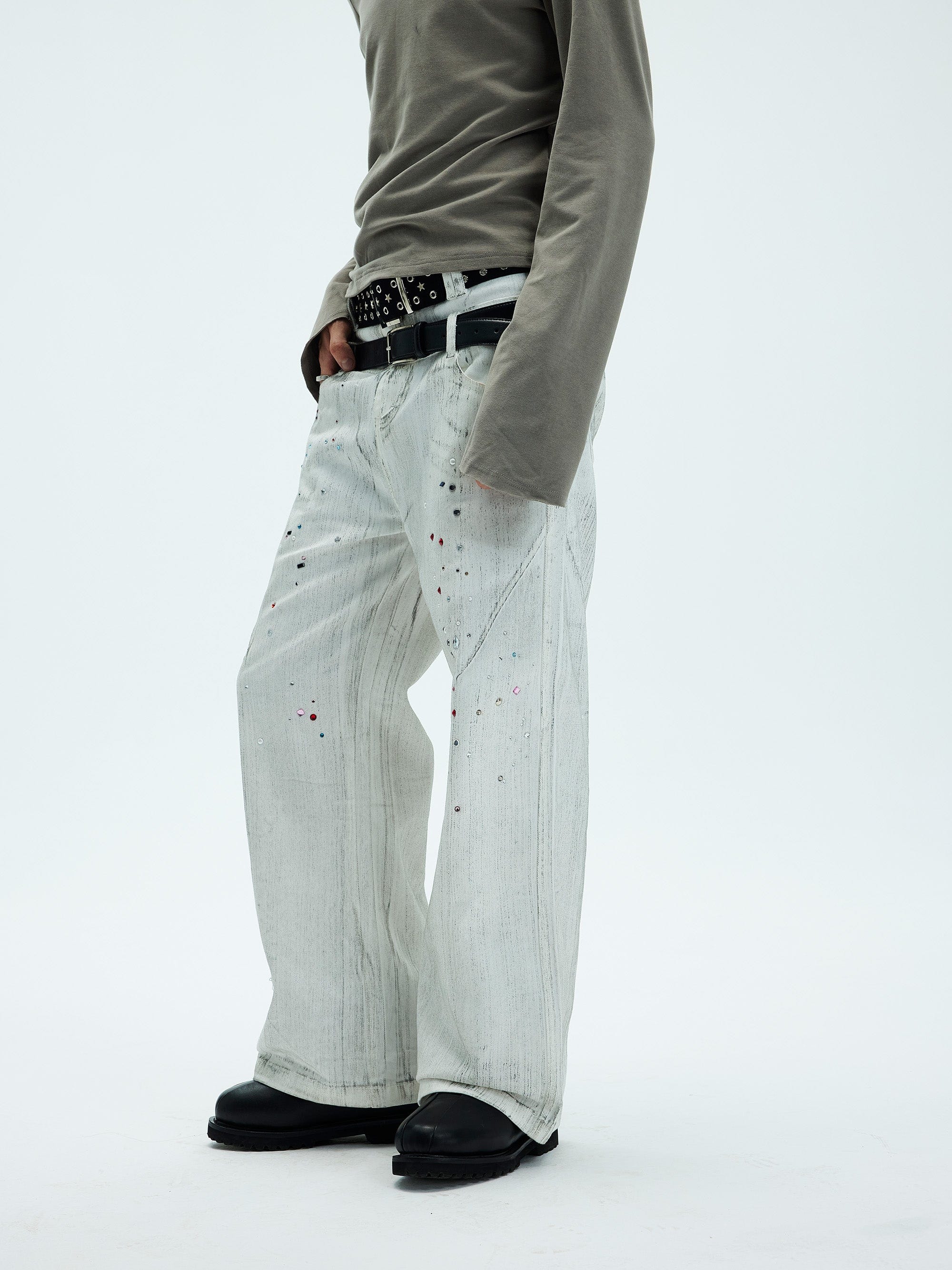 WHISTLEHUNTER Spliced Gems Painted Jeans White, premium urban and streetwear designers apparel on PROJECTISR.com, WHISTLEHUNTER