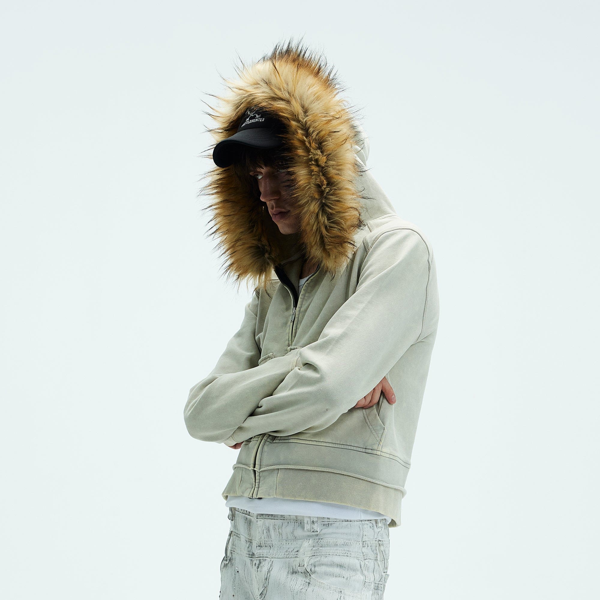 WHISTLEHUNTER Detachable Collar Washed Zip-Up Hoodie, premium urban and streetwear designers apparel on PROJECTISR.com, WHISTLEHUNTER