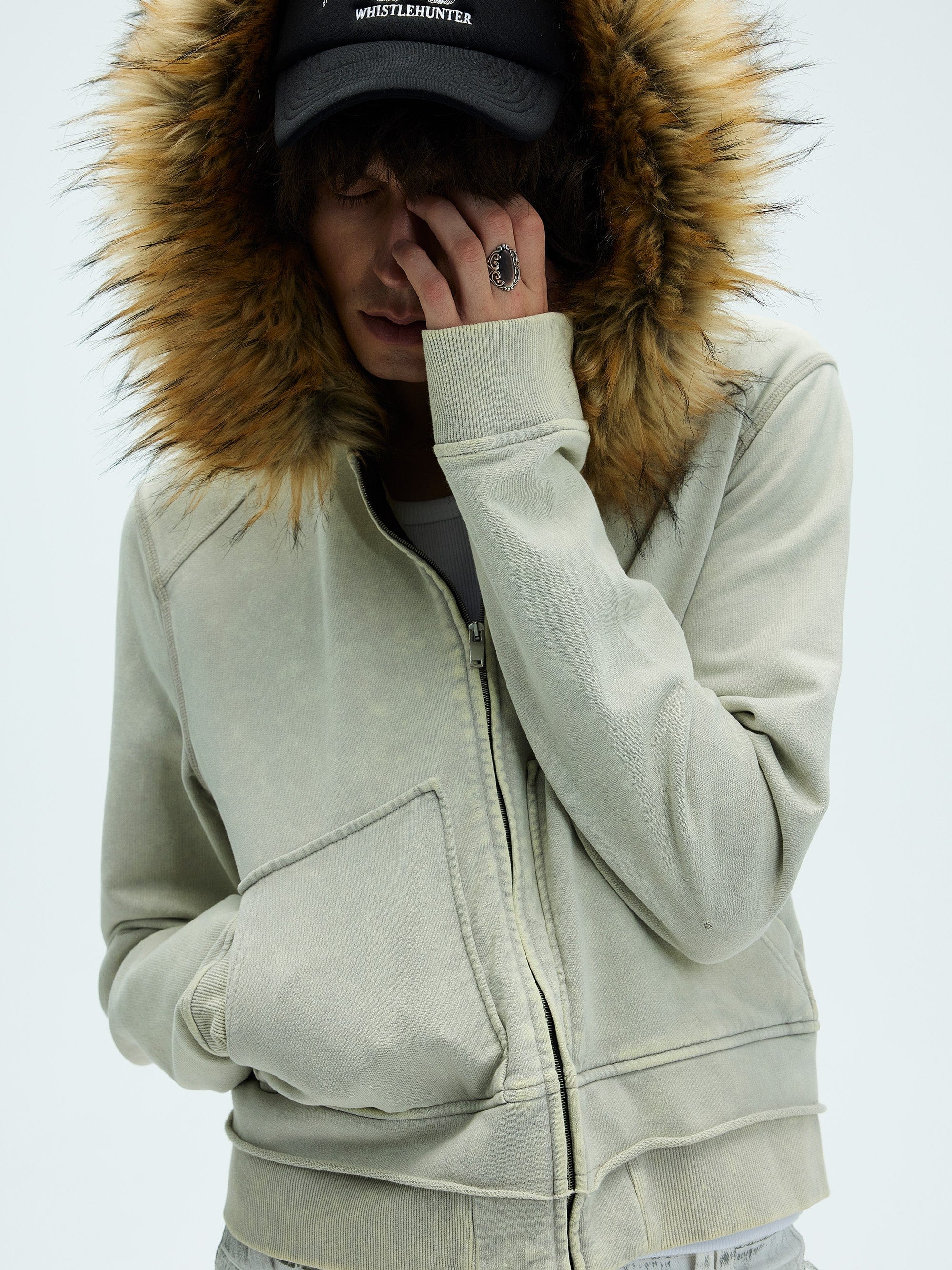 WHISTLEHUNTER Detachable Collar Washed Zip-Up Hoodie, premium urban and streetwear designers apparel on PROJECTISR.com, WHISTLEHUNTER