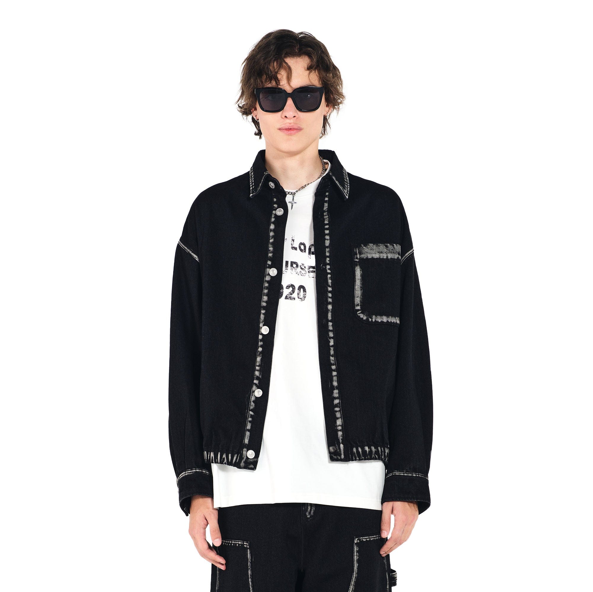 OVERLAPS Contrast Brushstroke Trim Denim Shirt, premium urban and streetwear designers apparel on PROJECTISR.com, OVERLAPS