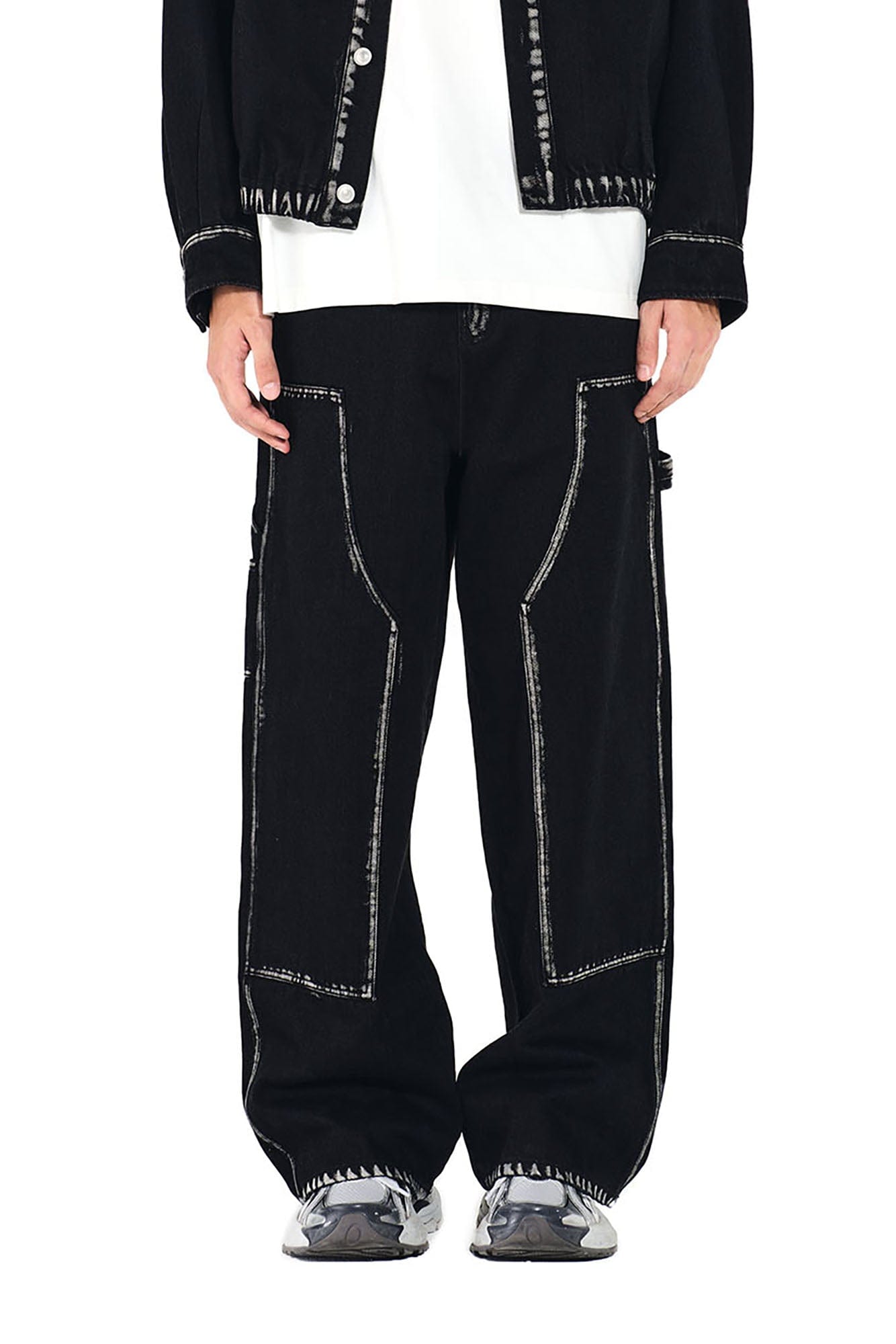 OVERLAPS Contrast Brushstroke Trim Double-Knee Jeans, premium urban and streetwear designers apparel on PROJECTISR.com, OVERLAPS