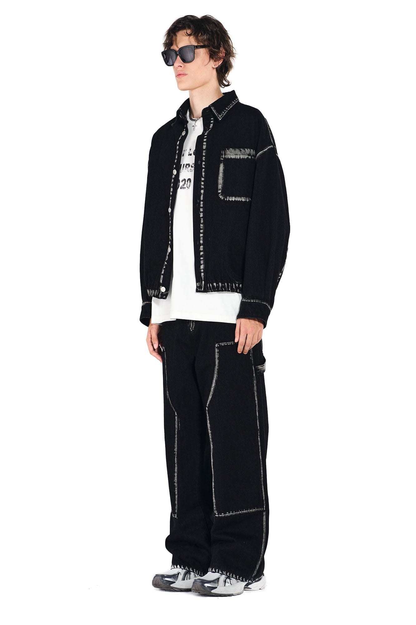 OVERLAPS Contrast Brushstroke Trim Double-Knee Jeans, premium urban and streetwear designers apparel on PROJECTISR.com, OVERLAPS