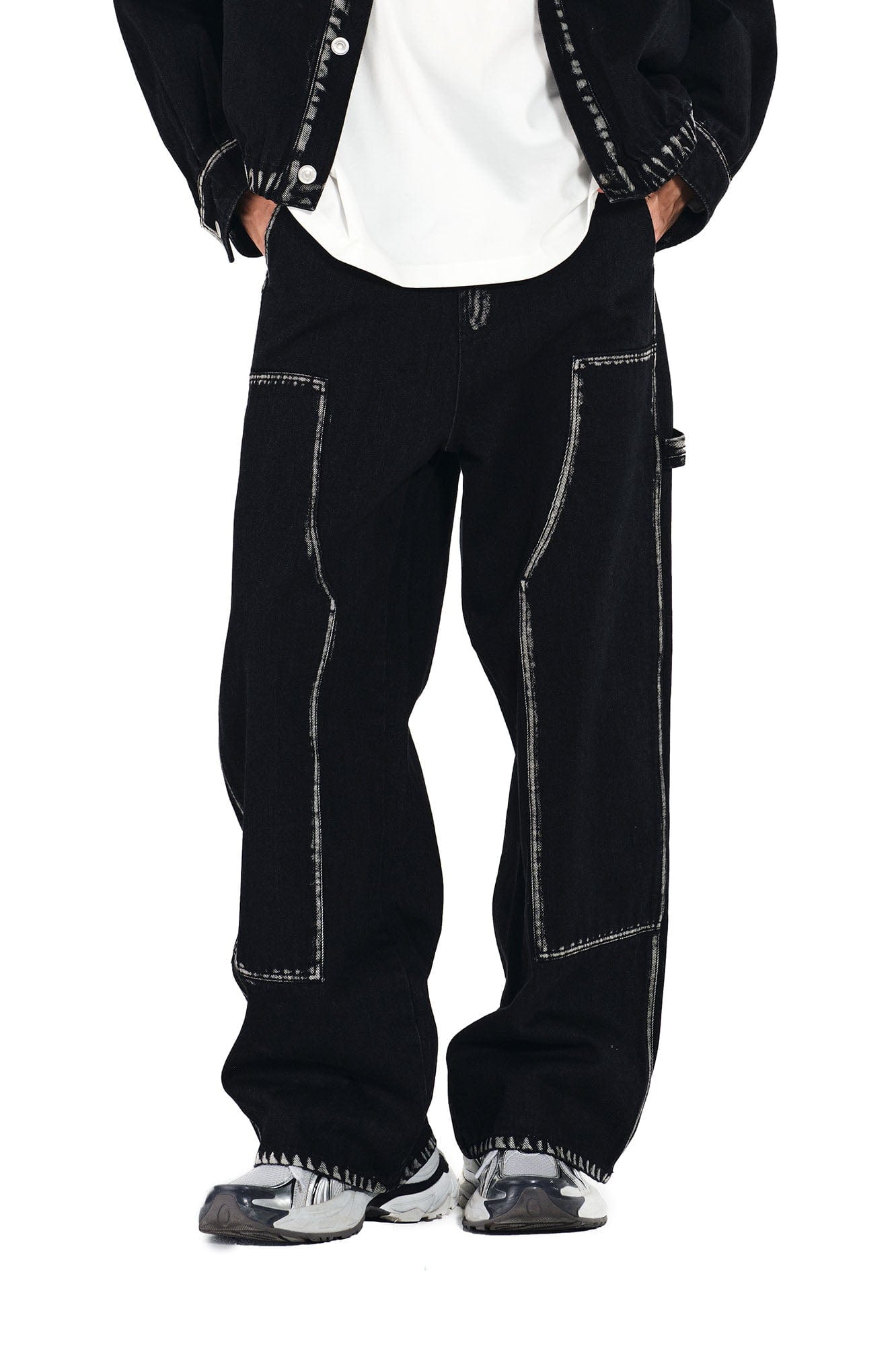 OVERLAPS Contrast Brushstroke Trim Double-Knee Jeans, premium urban and streetwear designers apparel on PROJECTISR.com, OVERLAPS