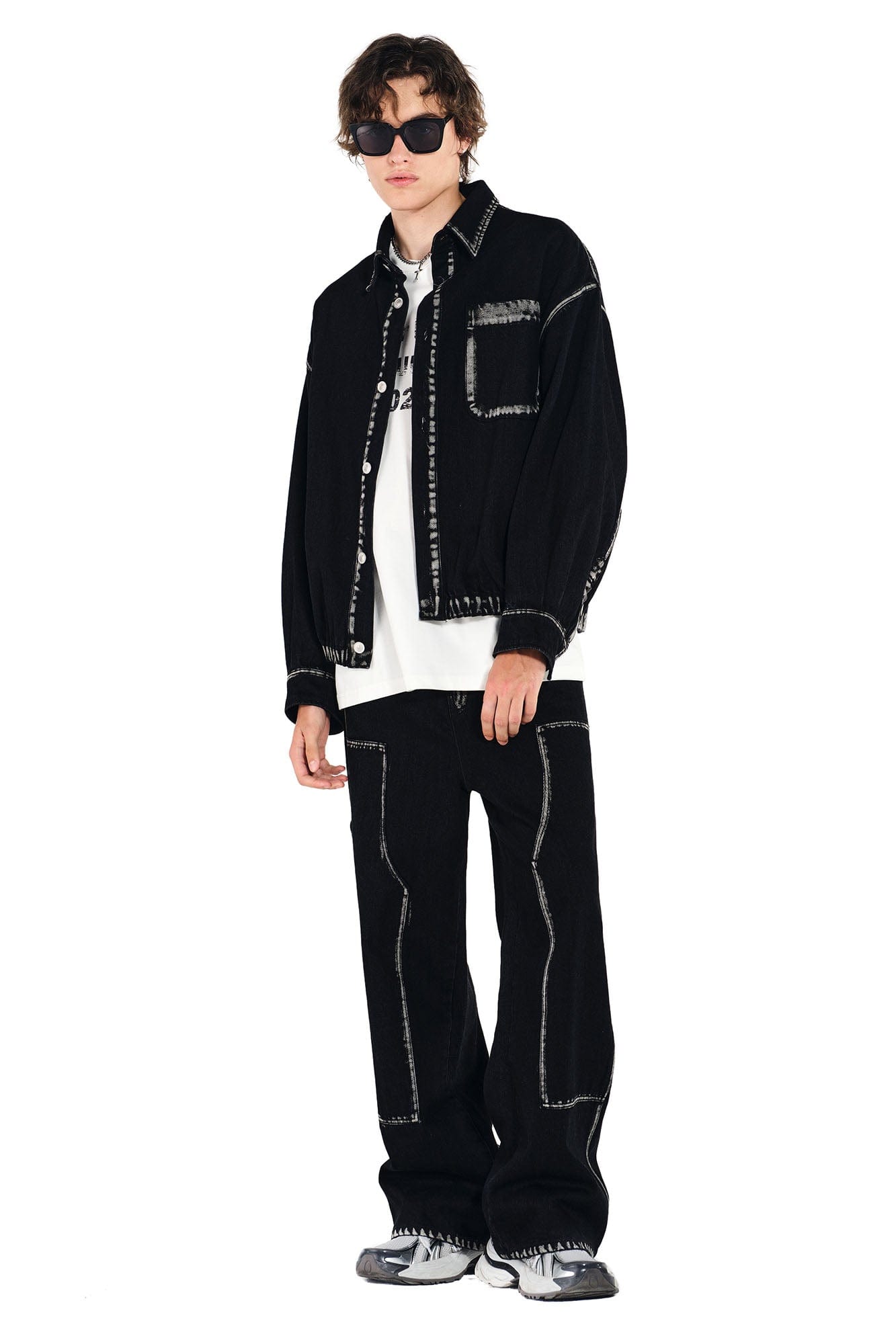 OVERLAPS Contrast Brushstroke Trim Double-Knee Jeans, premium urban and streetwear designers apparel on PROJECTISR.com, OVERLAPS
