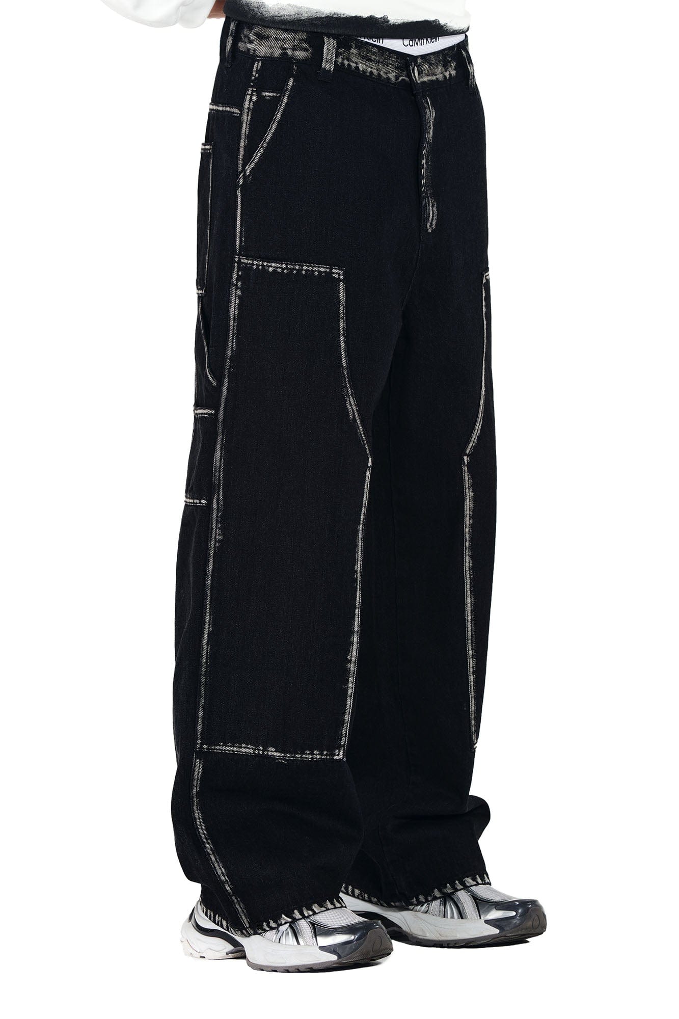 OVERLAPS Contrast Brushstroke Trim Double-Knee Jeans, premium urban and streetwear designers apparel on PROJECTISR.com, OVERLAPS