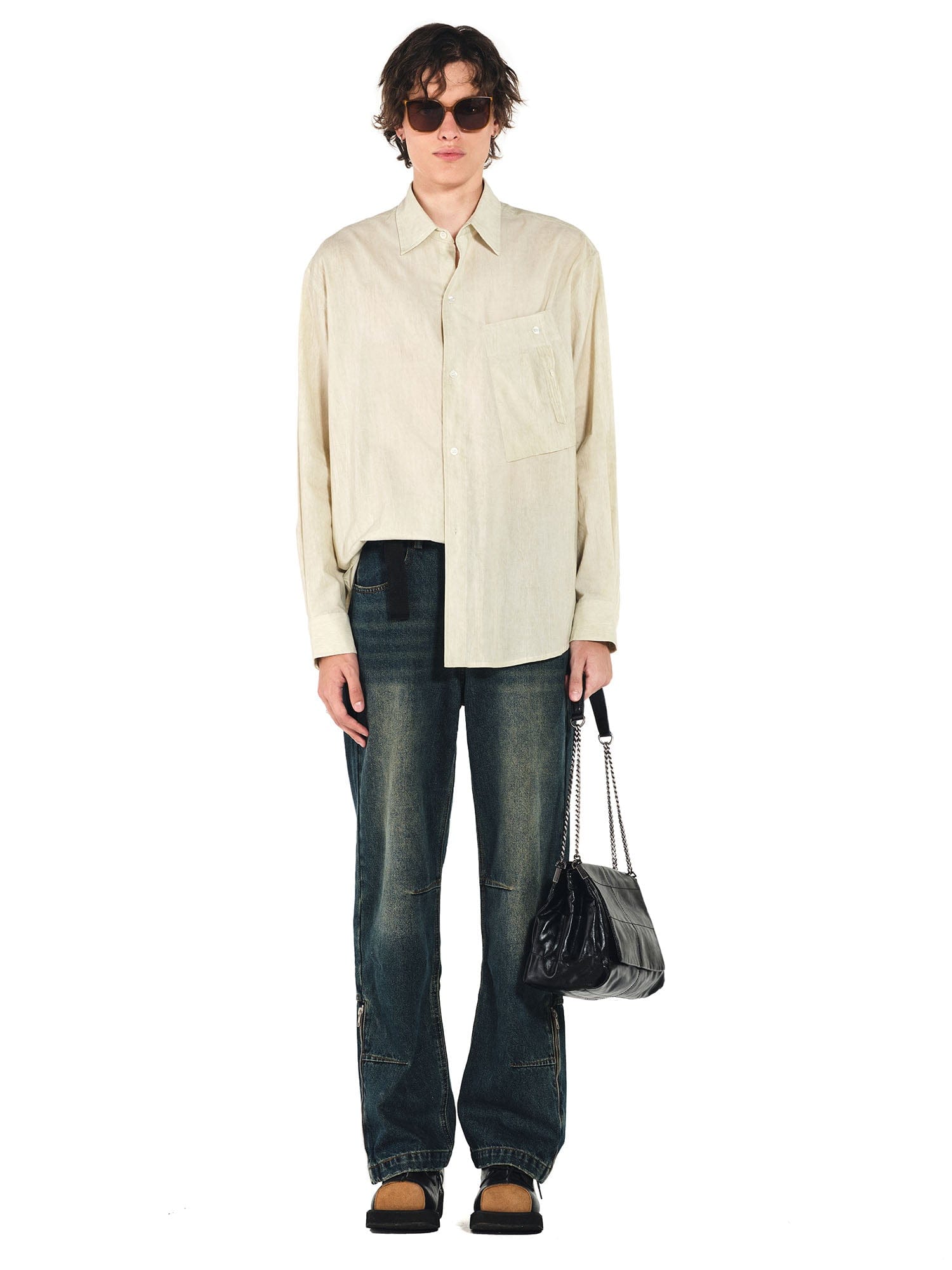 OVERLAPS Washed Knee-Seam Zippered Hem Jeans, premium urban and streetwear designers apparel on PROJECTISR.com, OVERLAPS