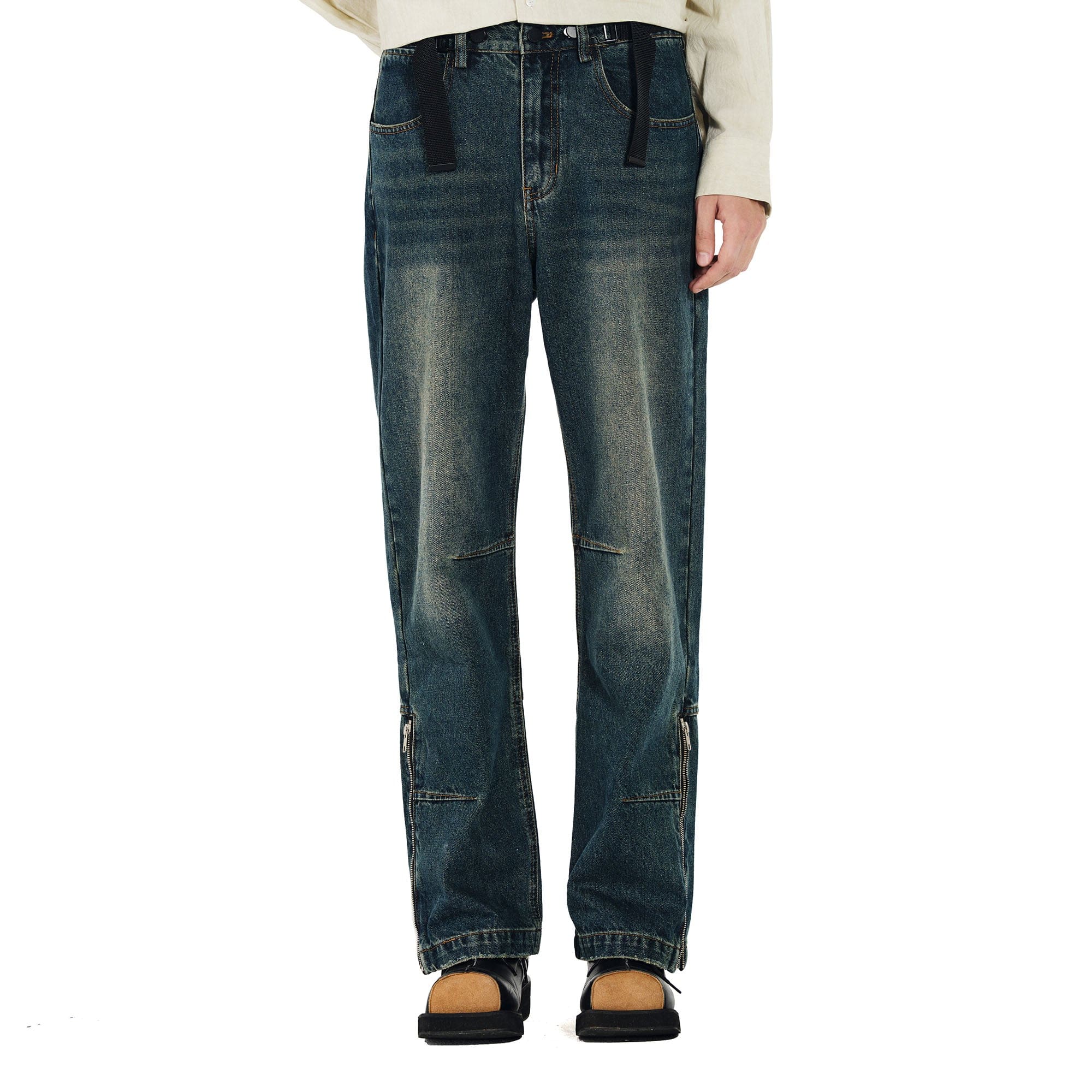 OVERLAPS Washed Knee-Seam Zippered Hem Jeans, premium urban and streetwear designers apparel on PROJECTISR.com, OVERLAPS