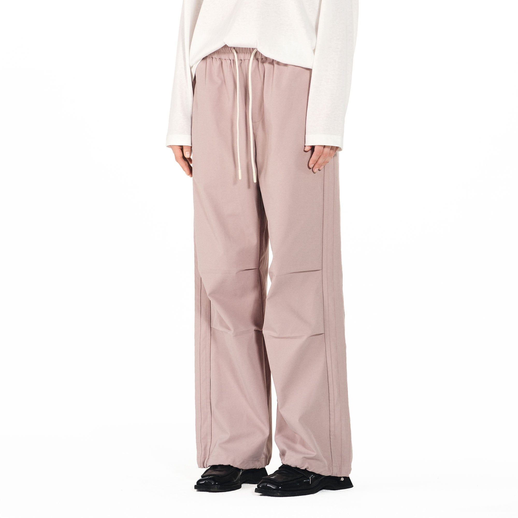 OVERLAPS Paneled Pleated-Knee Drawstring Wide-Leg Pants, premium urban and streetwear designers apparel on PROJECTISR.com, OVERLAPS
