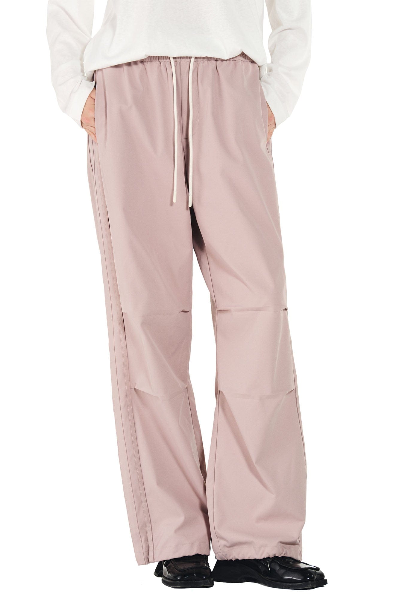OVERLAPS Paneled Pleated-Knee Drawstring Wide-Leg Pants, premium urban and streetwear designers apparel on PROJECTISR.com, OVERLAPS
