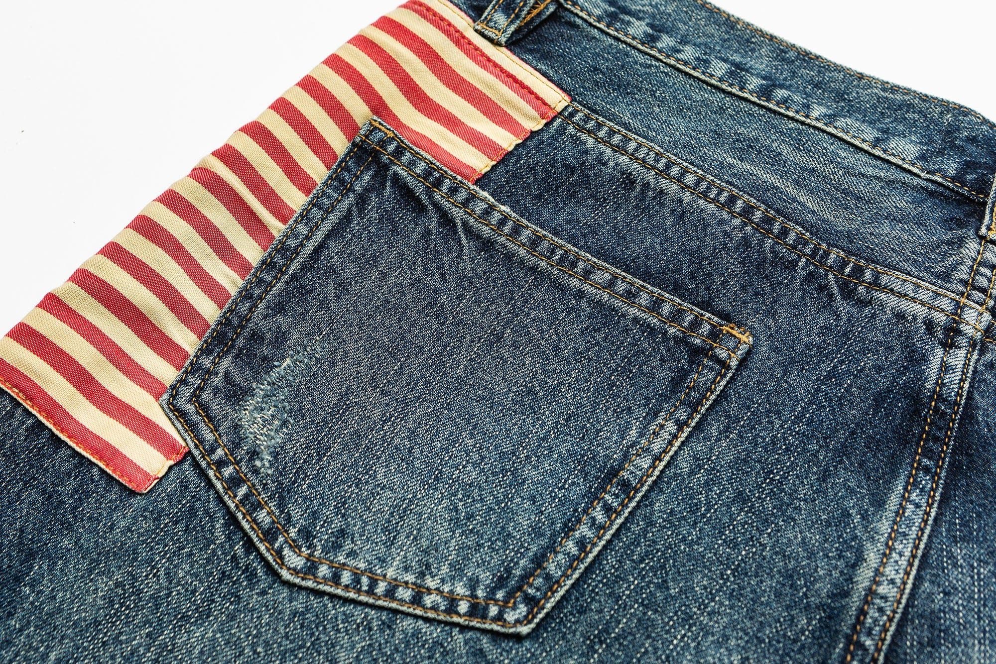 ME DA IGUAL Striped Spliced Distressed Whiskered Jeans, premium urban and streetwear designers apparel on PROJECTISR.com, ME DA IGUAL