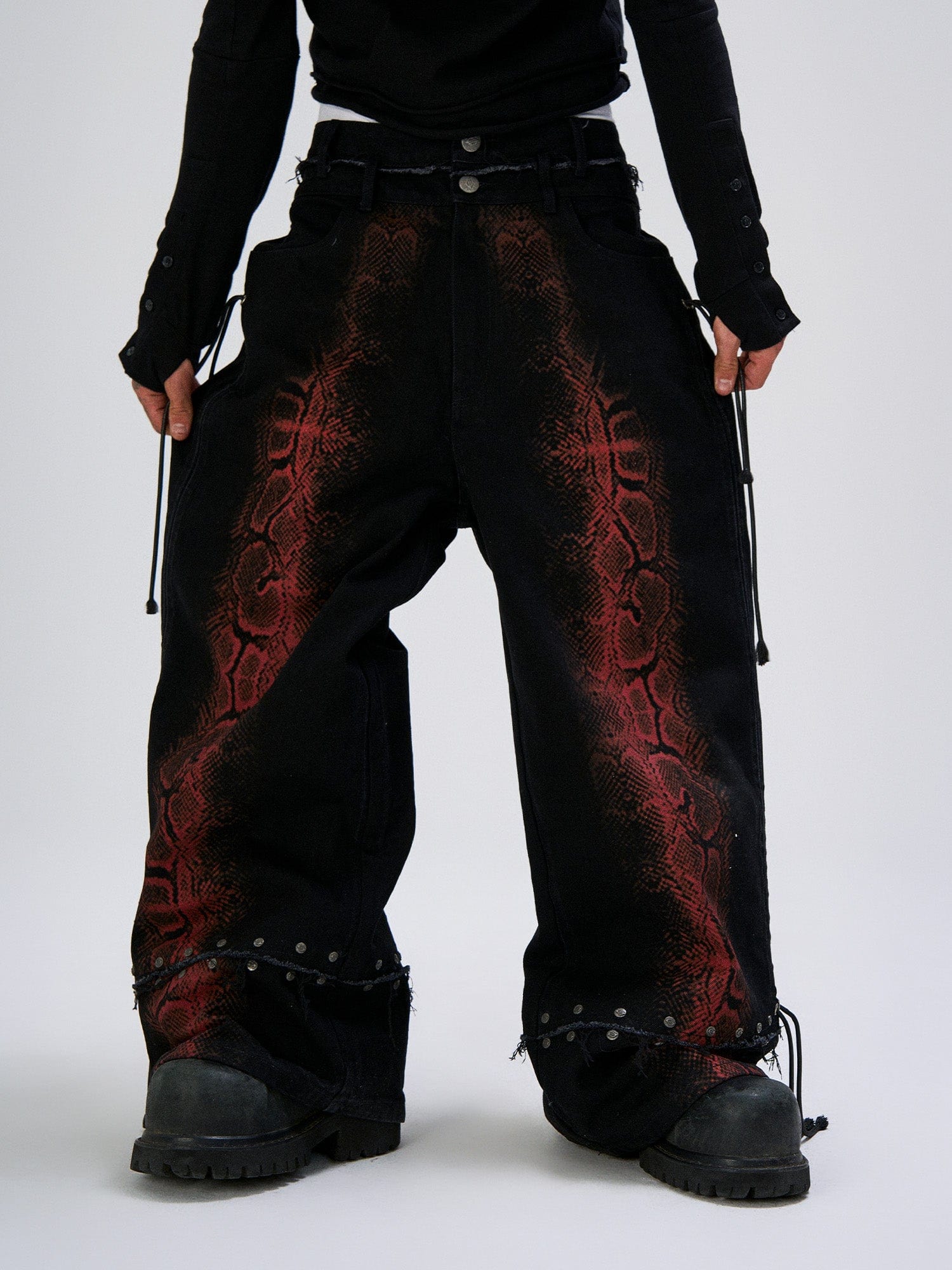 FLYERRER Washed Contrast Snakeskin Drawcord Wide-Leg Jeans, premium urban and streetwear designers apparel on PROJECTISR.com, FLYERRER