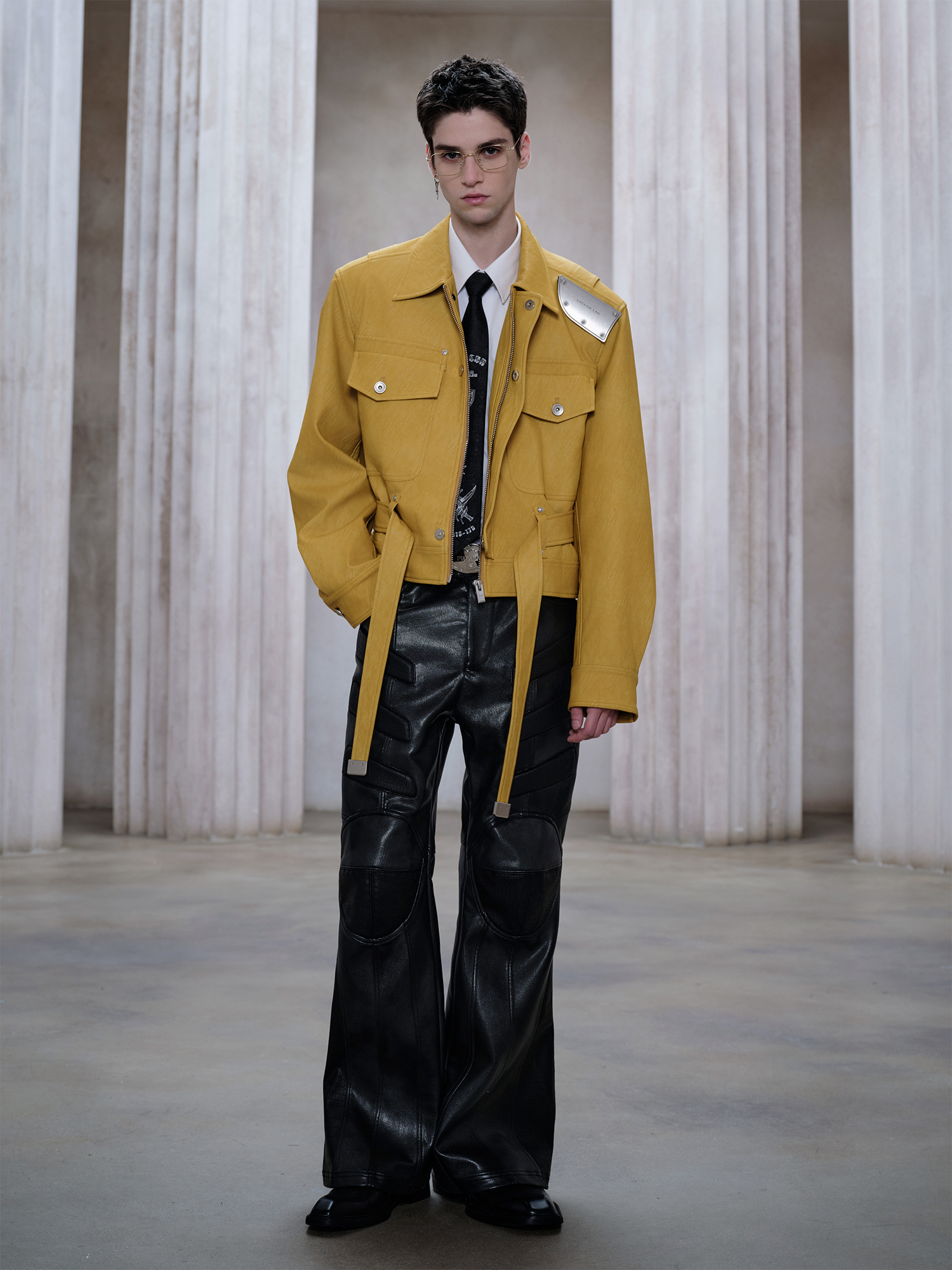 FACEONLAB Metal Epaulettes Belted Faux Leather Jacket Yellow