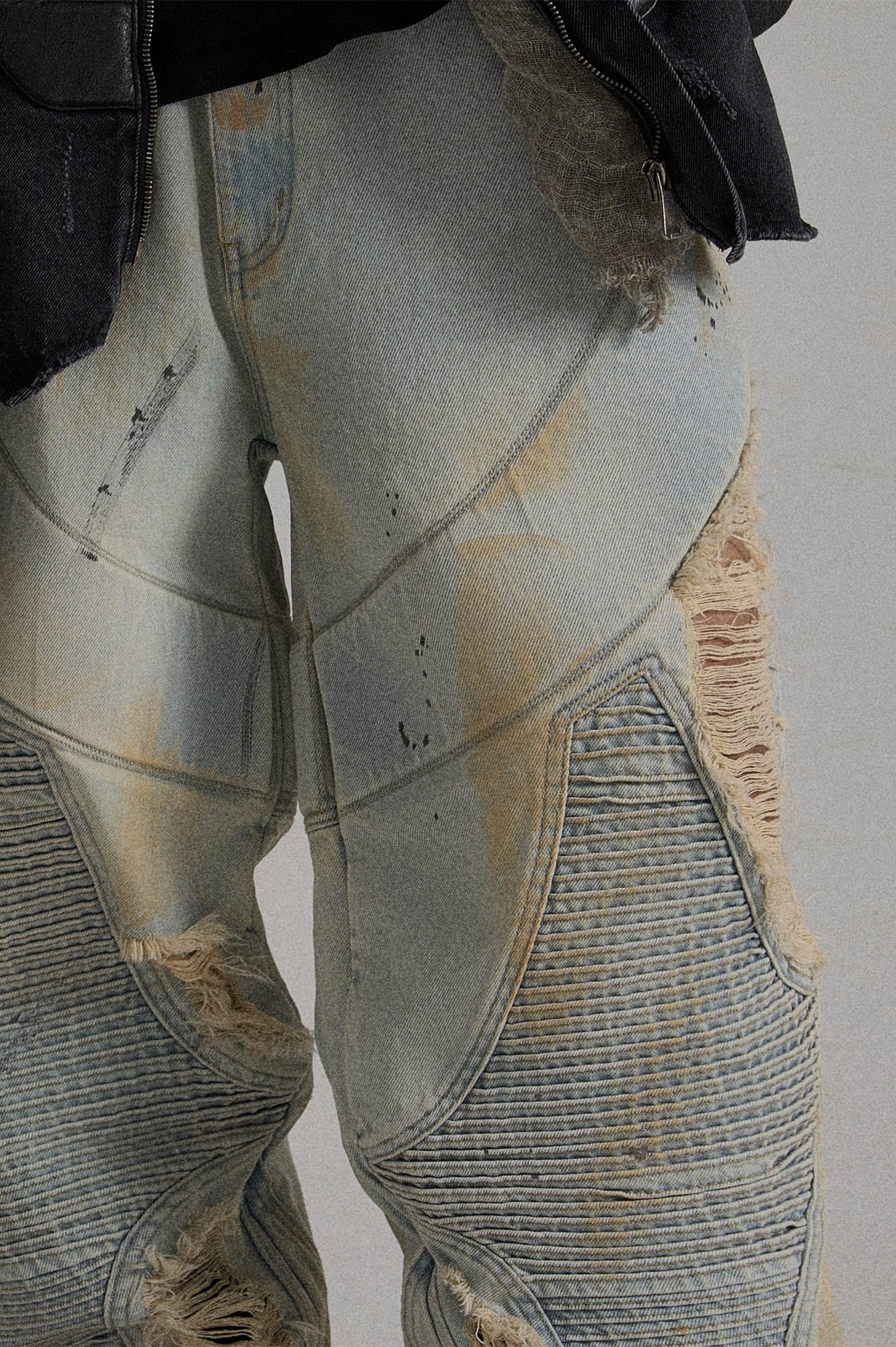 FLYERRER Paneled Heavily Ripped Fringe Jeans, premium urban and streetwear designers apparel on PROJECTISR.com, FLYERRER