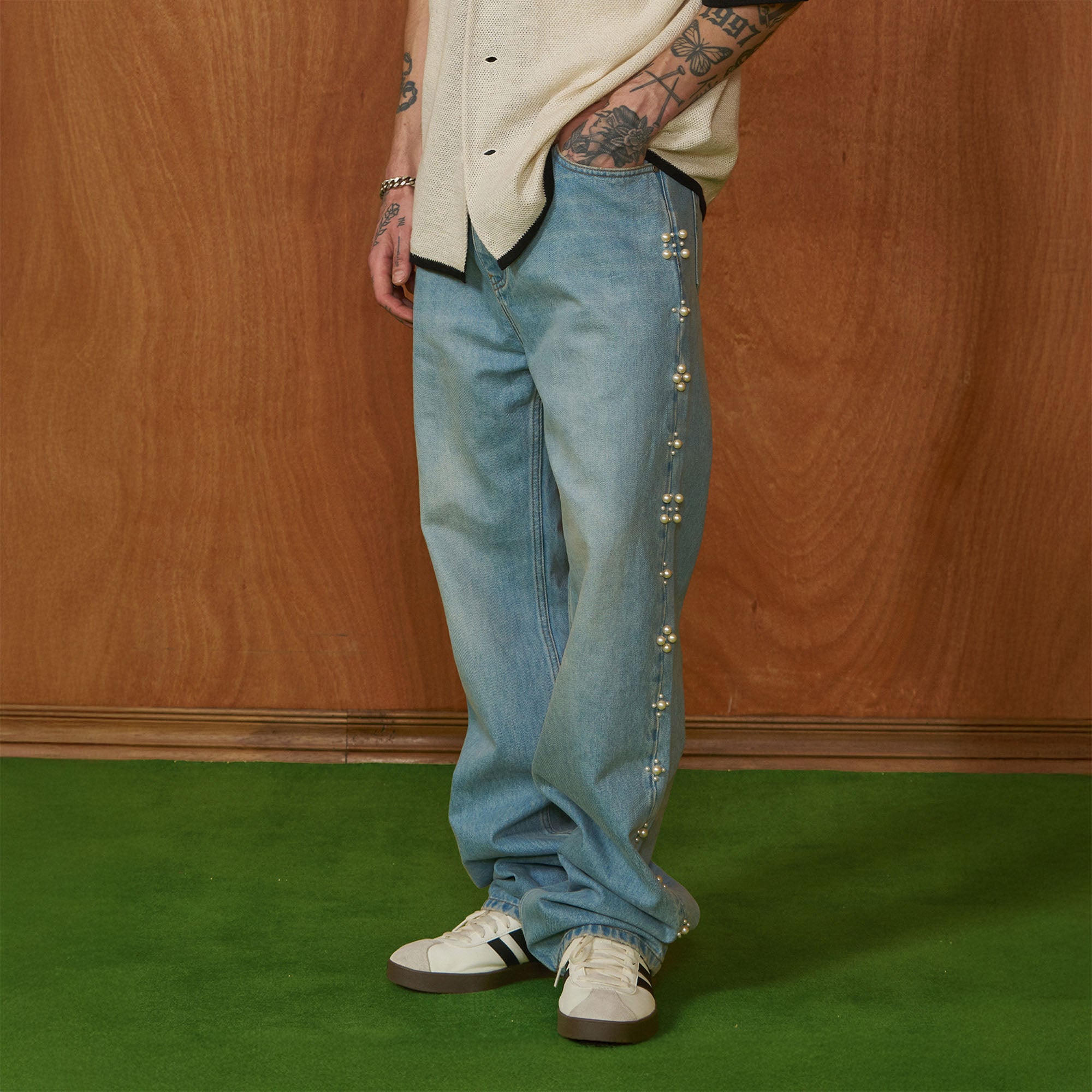 PMW Pearl-Embellished Washed Straight-Leg Jeans, premium urban and streetwear designers apparel on PROJECTISR.com, PMW