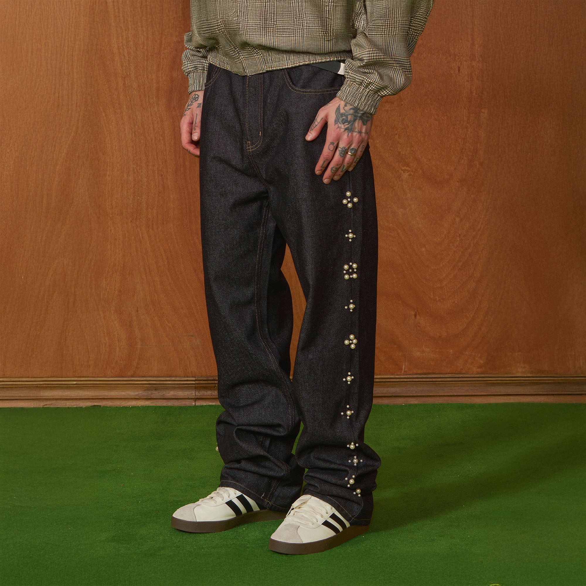 PMW Pearl-Embellished Raw Jeans, premium urban and streetwear designers apparel on PROJECTISR.com, PMW