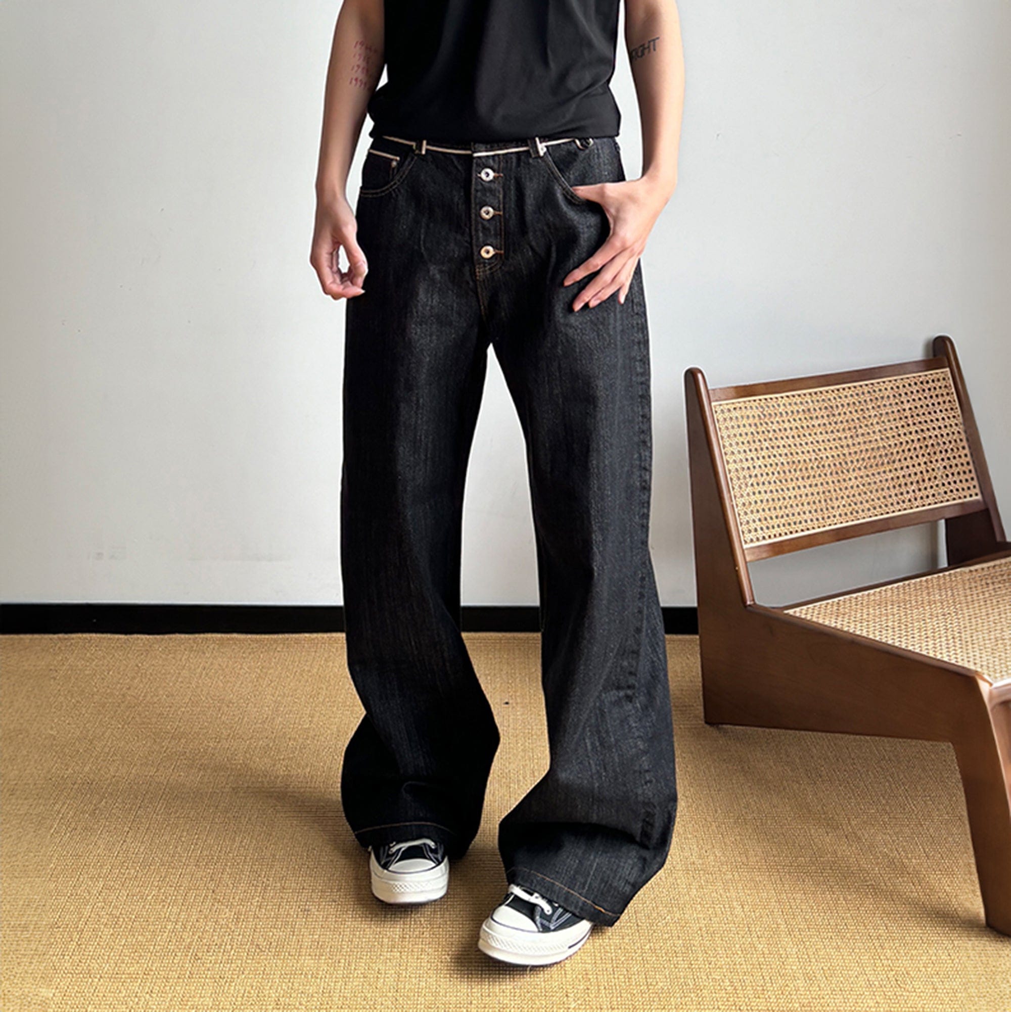 KREATE Selvage Waist Button-Fly Wide-Leg Jeans, premium urban and streetwear designers apparel on PROJECTISR.com, KREATE