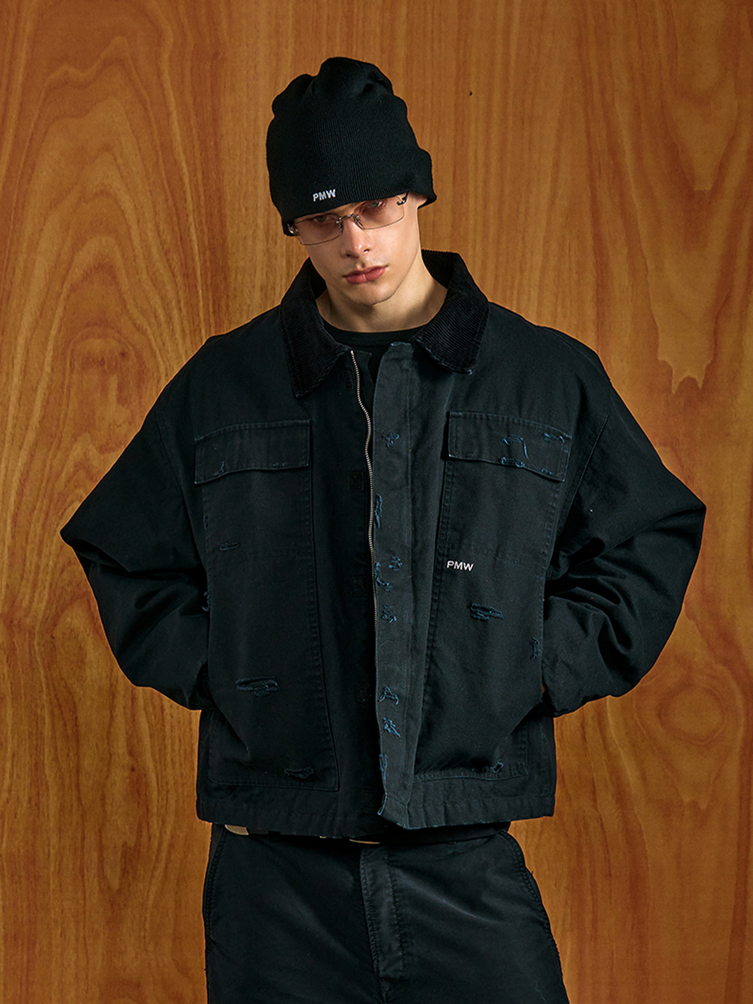 PMW Washed Distressed Corduroy-Collar Jacket