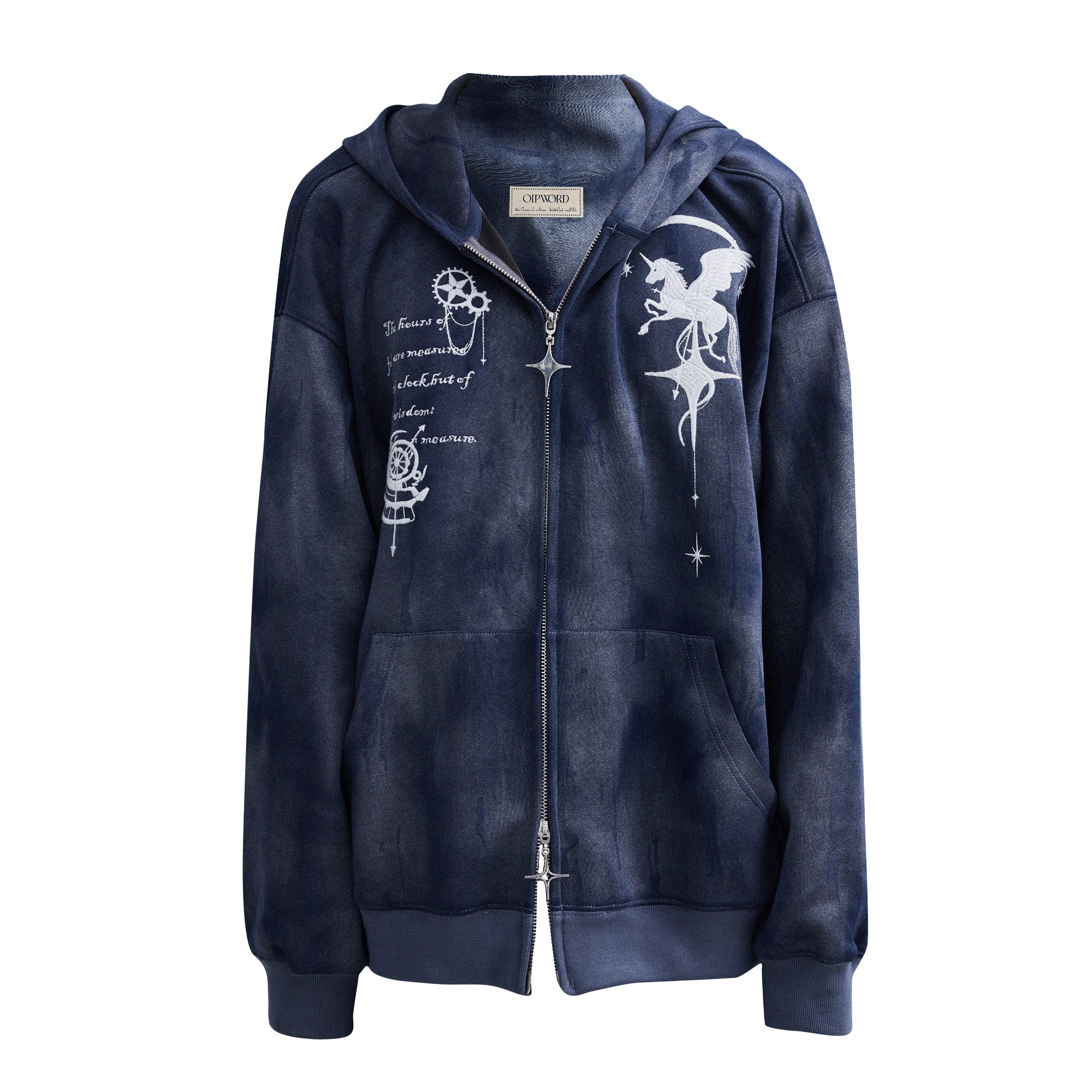 OIPWORD Embroidered Distressed Dual-Zip Hoodie