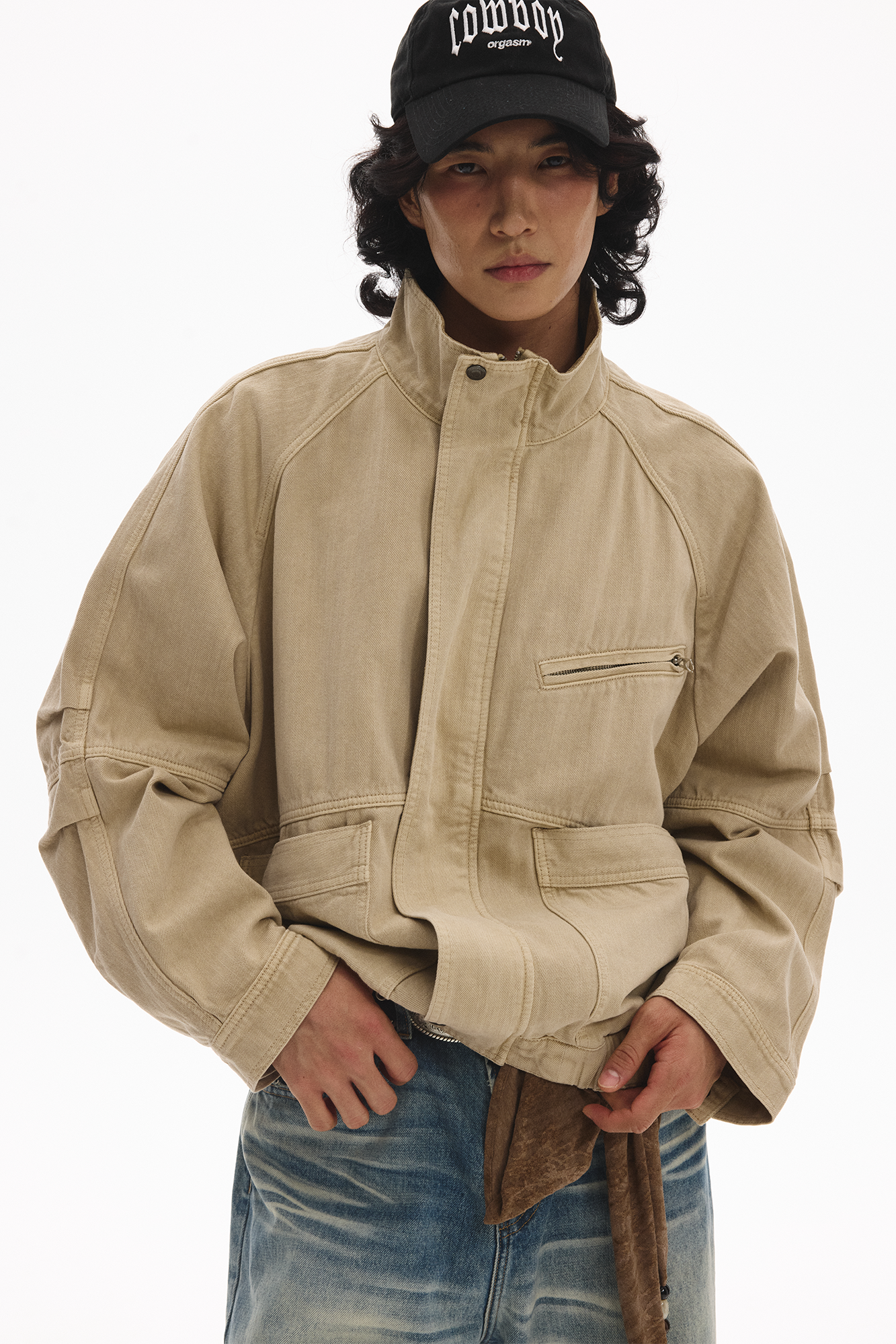 LEONSENSE Utility Raglan Stand-Collar Denim Jacket, premium urban and streetwear designers apparel on PROJECTISR.com, LEONSENSE