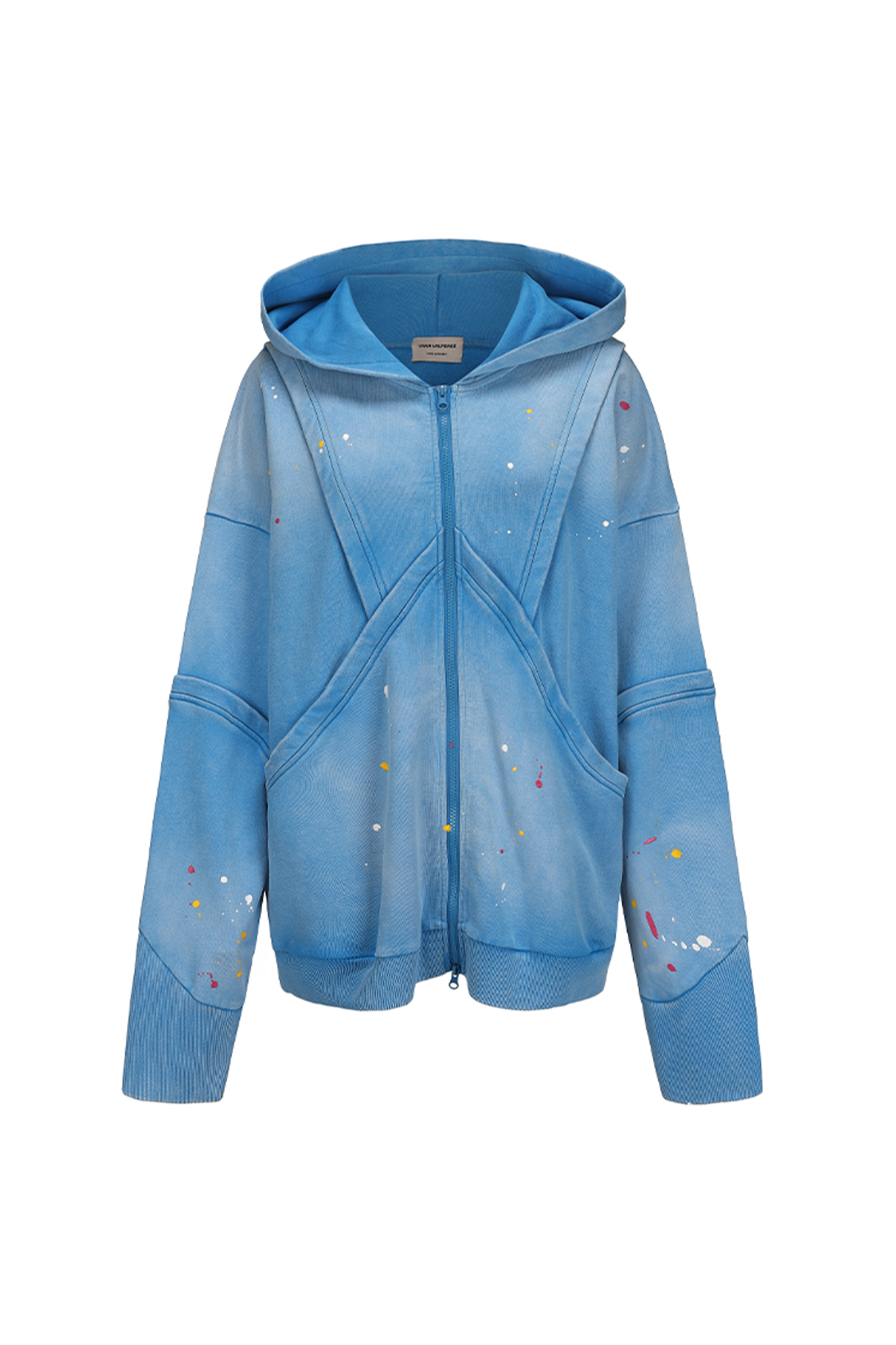VANN VALRENCE Washed Paint-Splattered Paneled Zip Hoodie