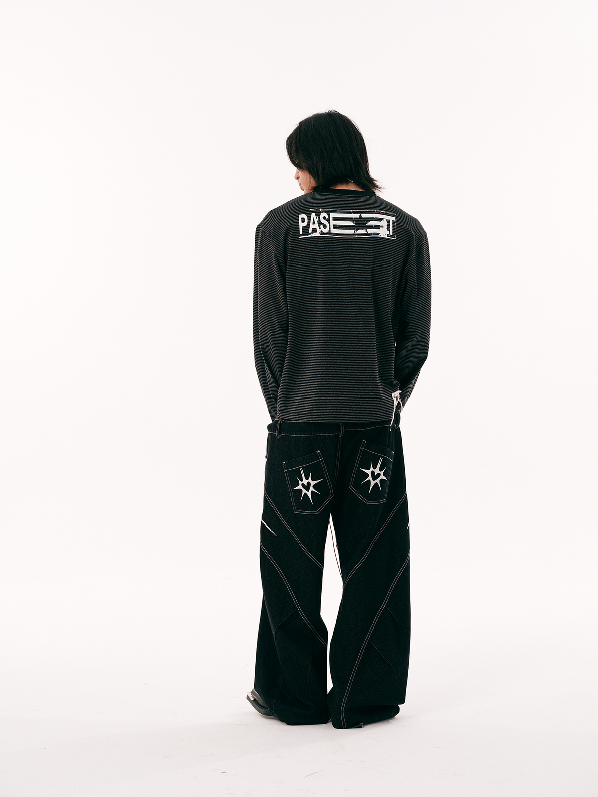 PASET Embroidered Spliced Tie Detail Slim Jeans