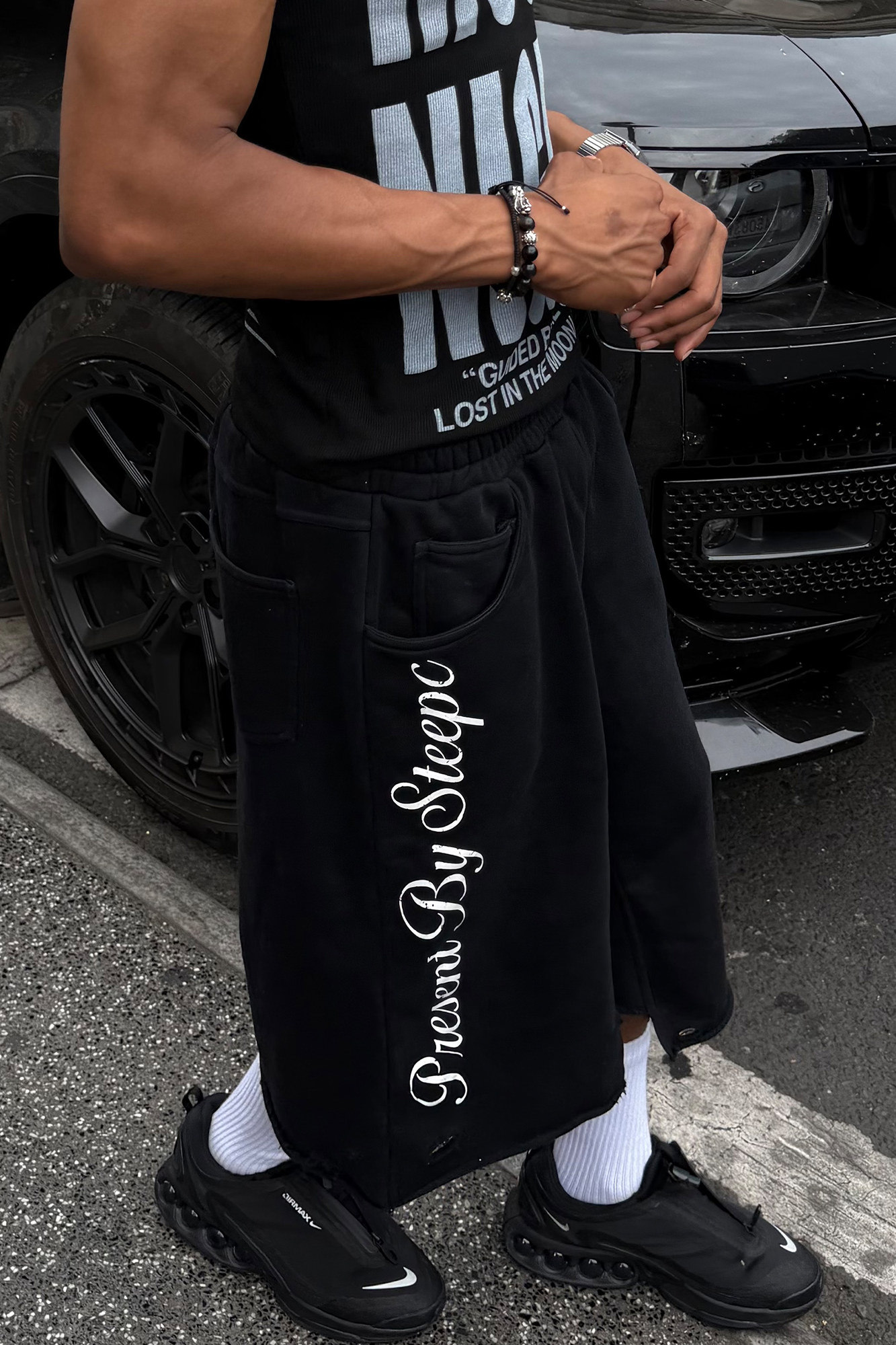 STEEPC Raw Edge Graphic Paneled Sweat Shorts