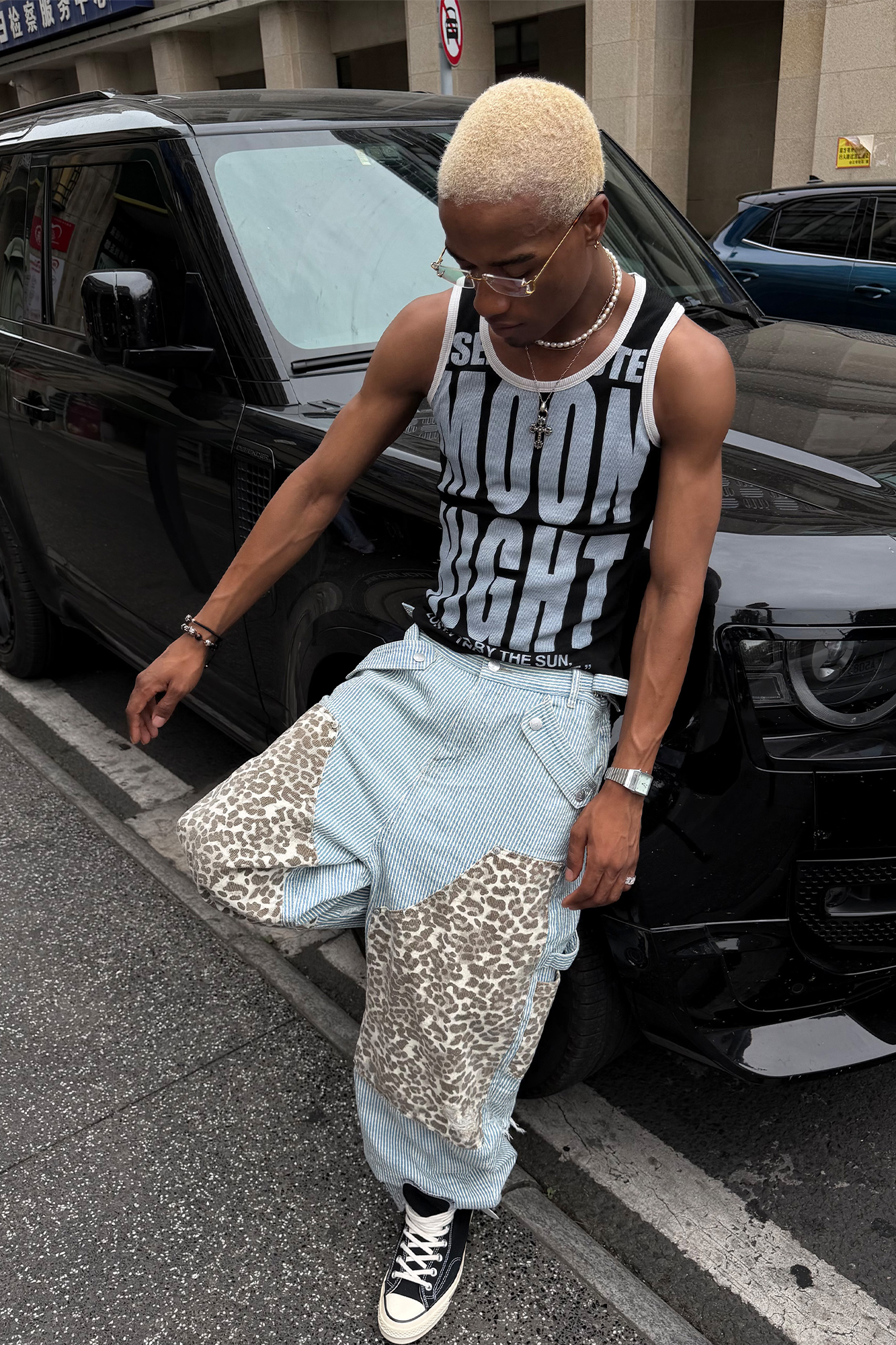 STEEPC Leopard Paneled Stripe Washed Jeans