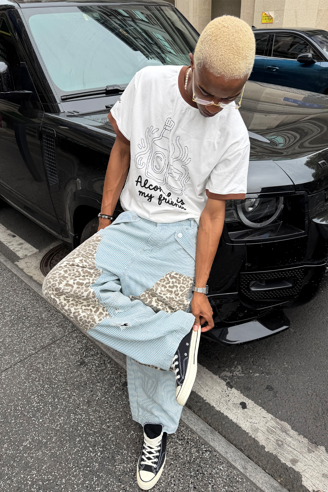 STEEPC Leopard Paneled Stripe Washed Jeans