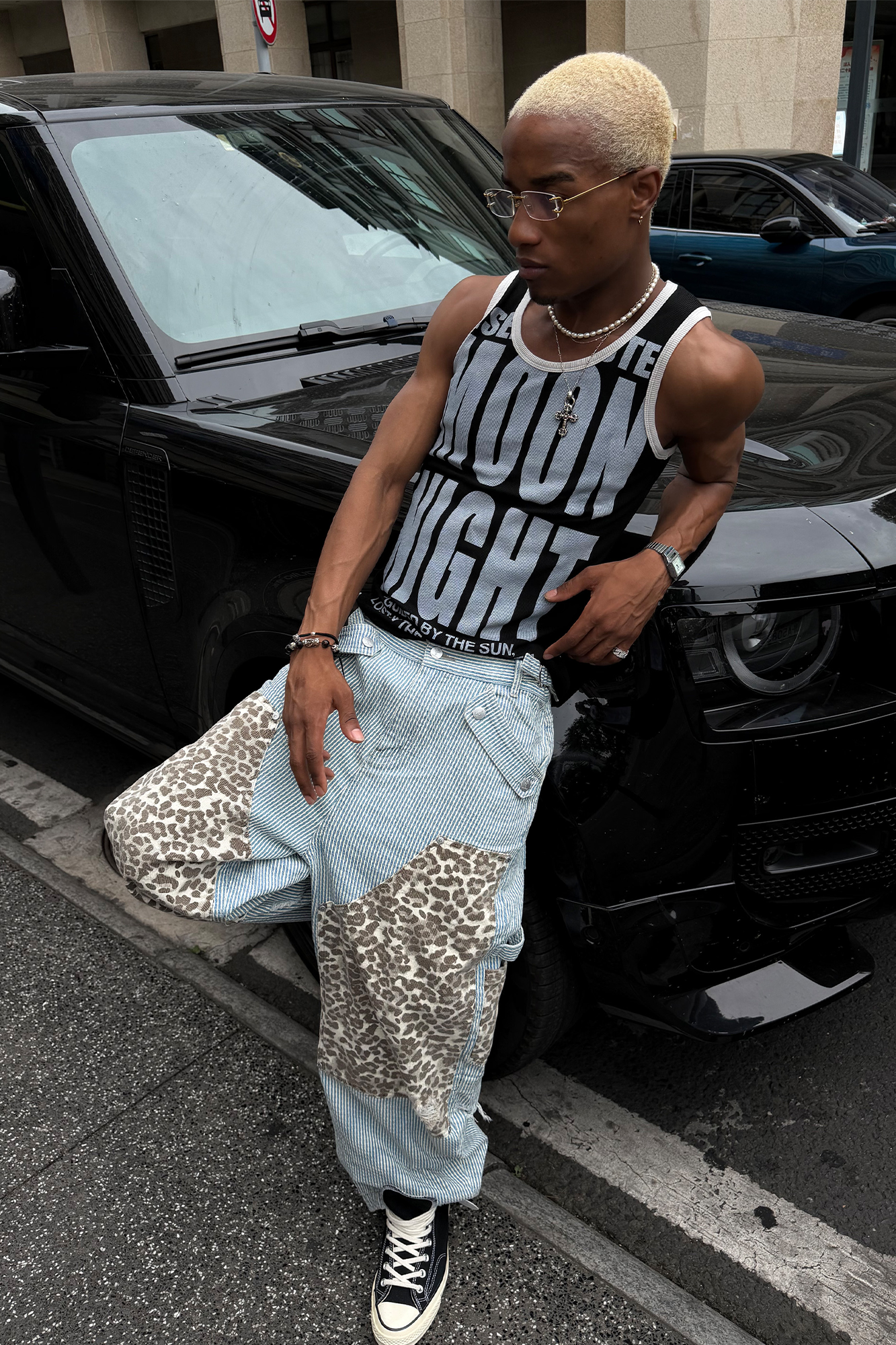 STEEPC Leopard Paneled Stripe Washed Jeans