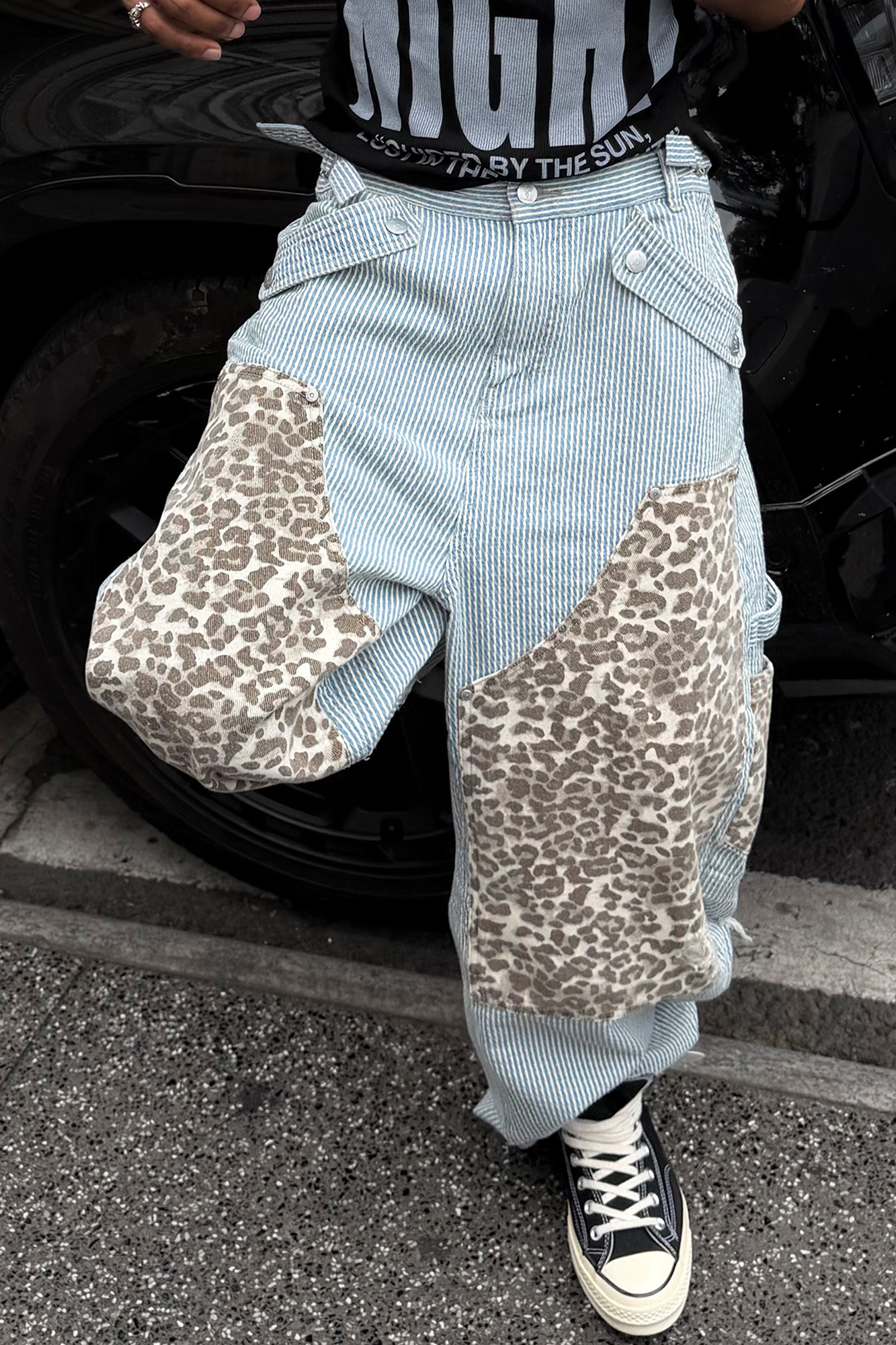 STEEPC Leopard Paneled Stripe Washed Jeans
