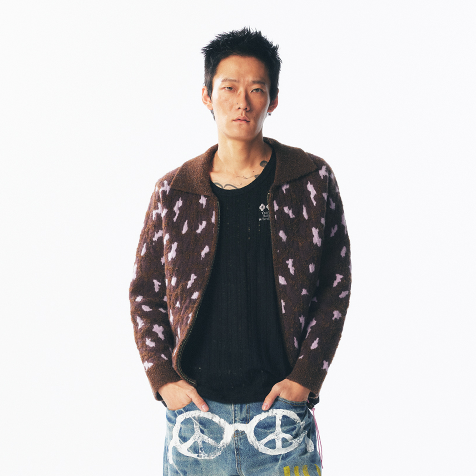 1997 POSTOFFICE Fuzzy Strawberry-Leopard Dual-Zip Knit Jacket